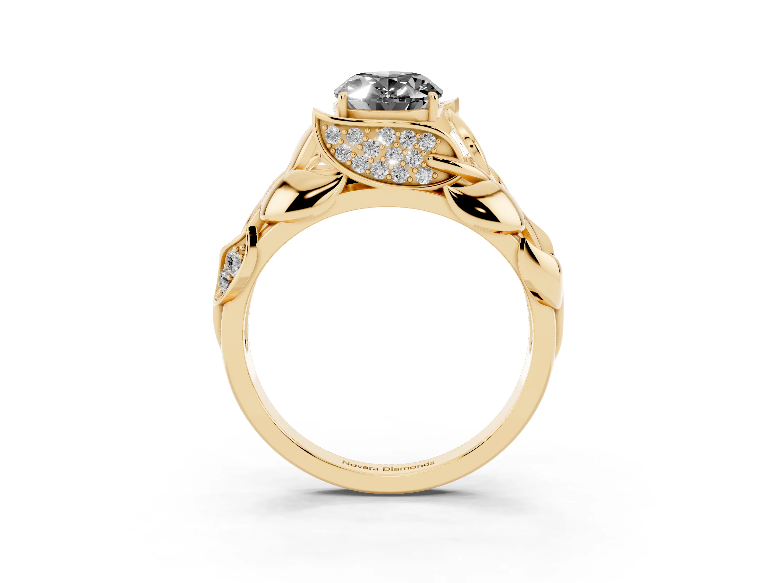 Fancy Black Oval Cut Diamond Leaf-Inspired Engagement Ring Set in Yellow gold with Round Accents