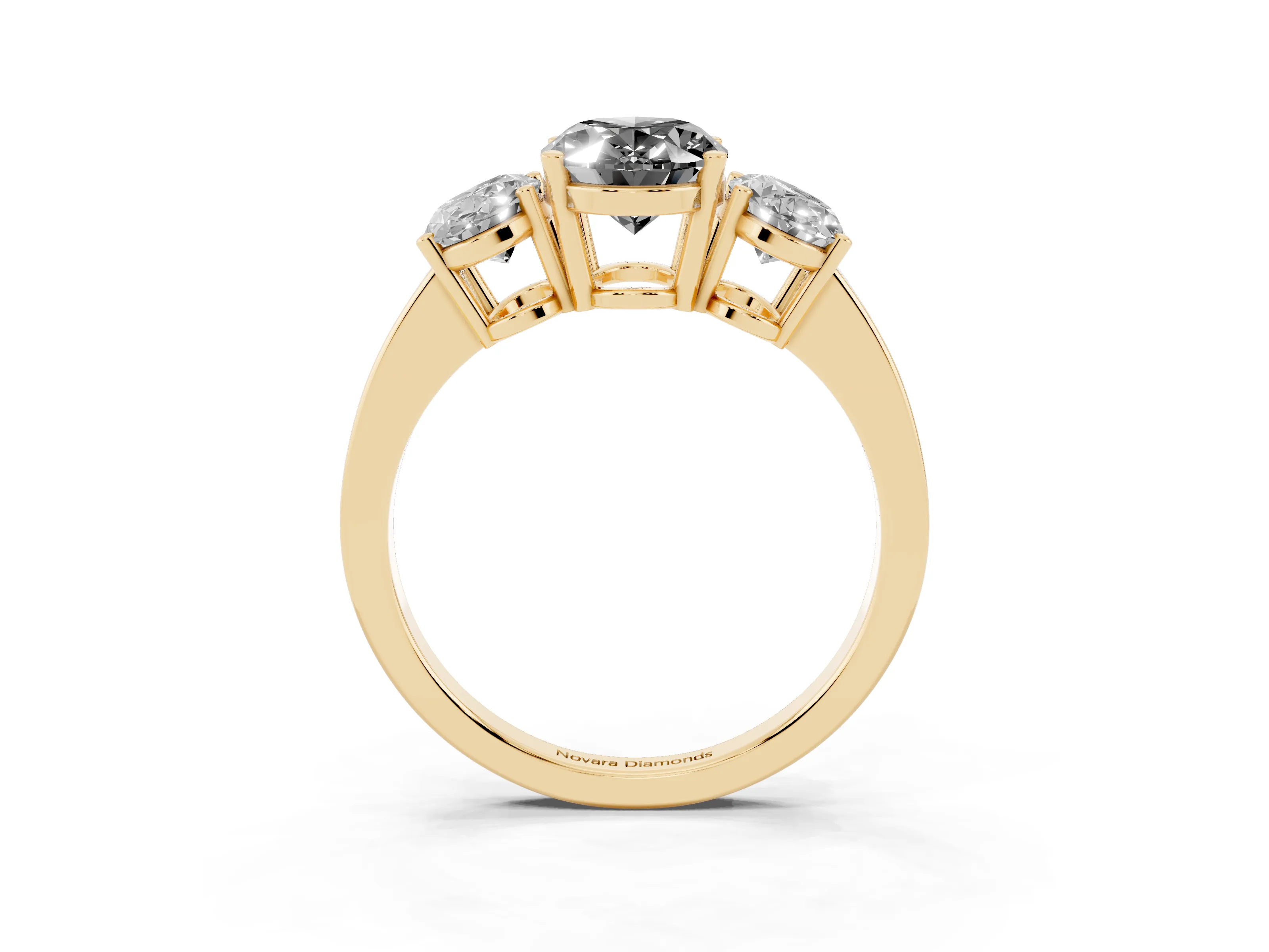 Fancy Black Oval Cut Diamond Three-Stone Engagement Ring Set in Yellow gold with Flat Band