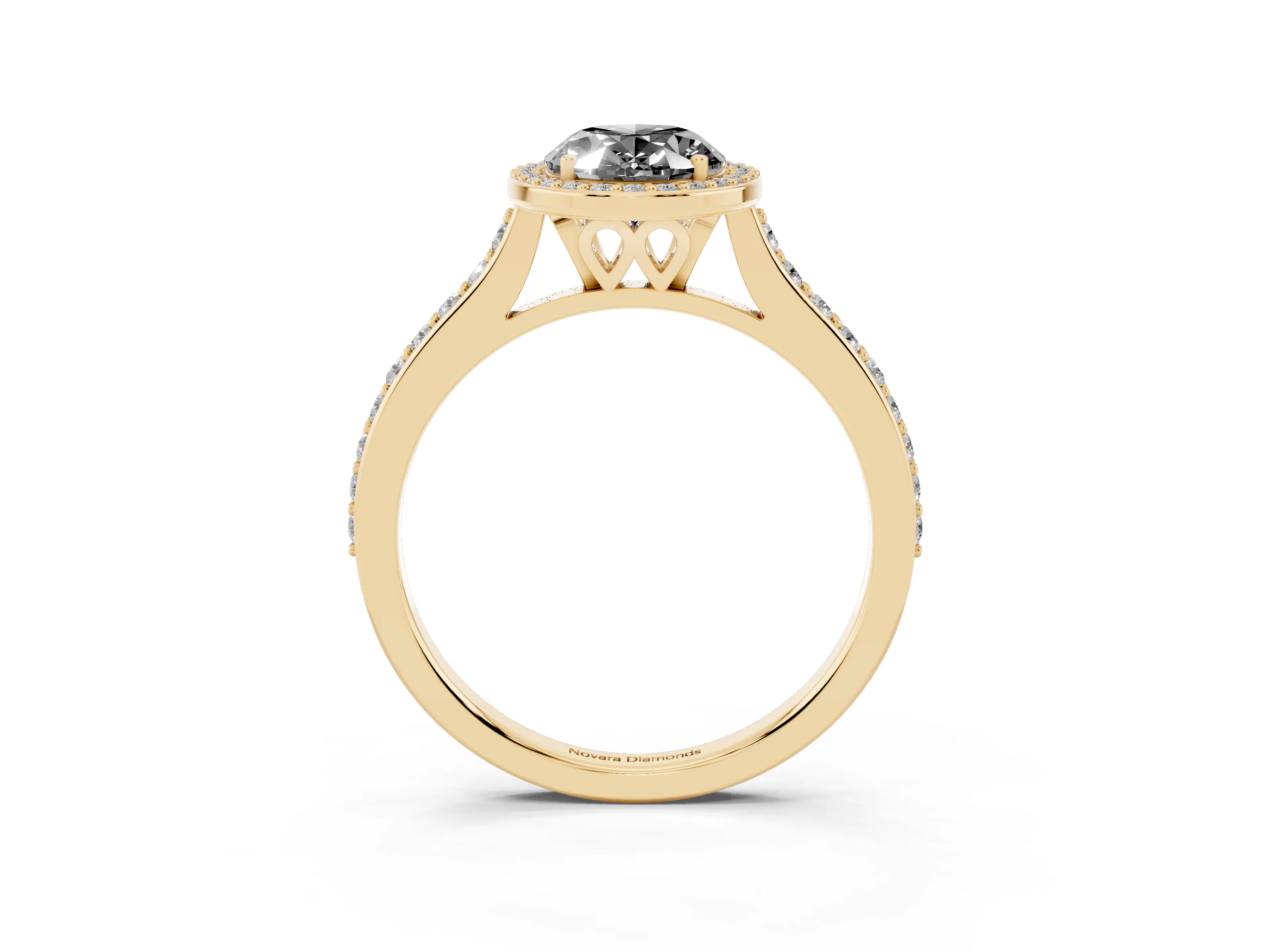 Fancy Black Oval Cut Diamond Halo Engagement Ring Set in Yellow gold with Round Pavé Shoulders and Heart Gallery