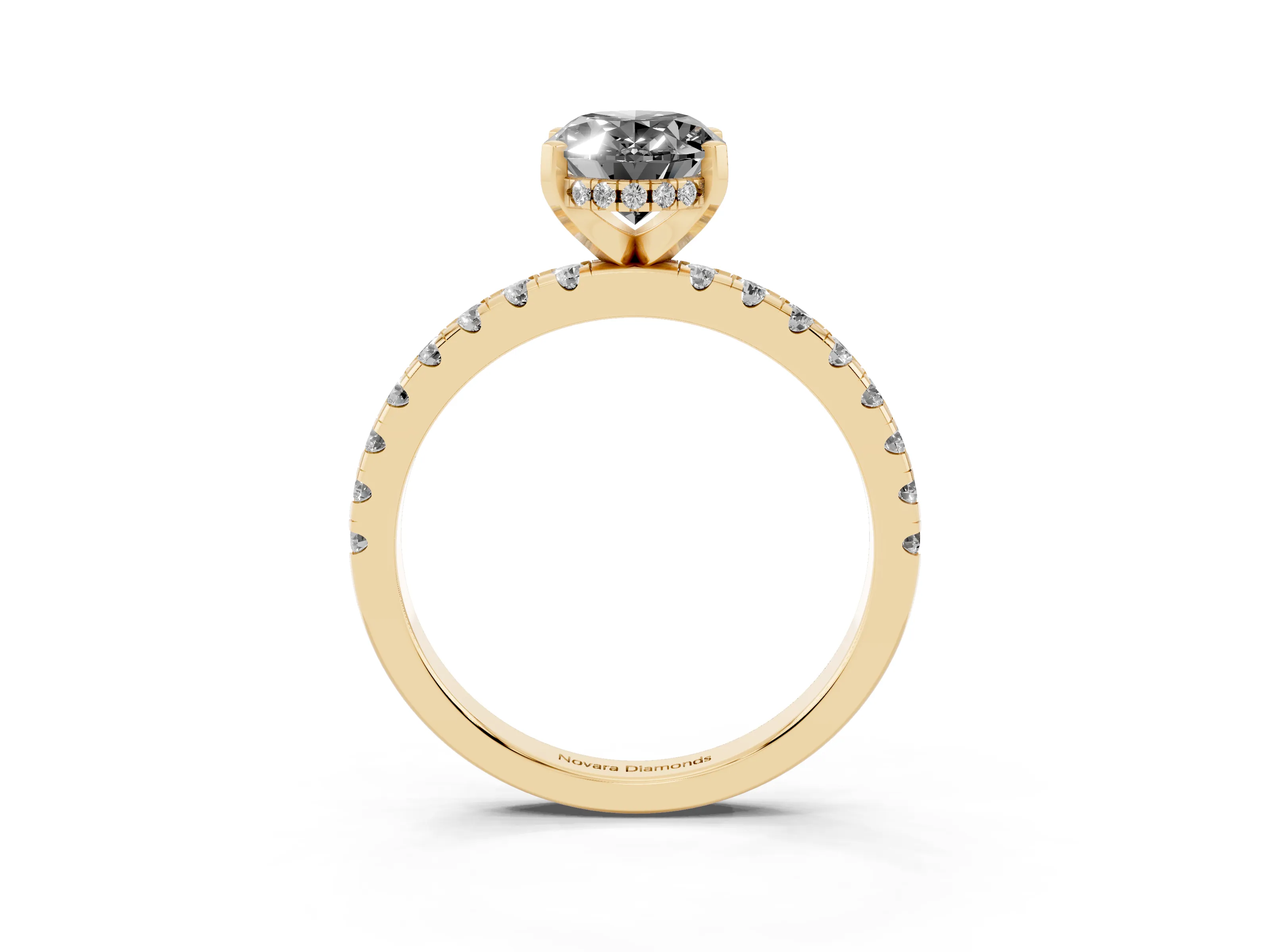 Fancy Black Oval Cut Diamond Pavé Solitaire Ring Set in Yellow gold with Round Band Accents and Prong Setting