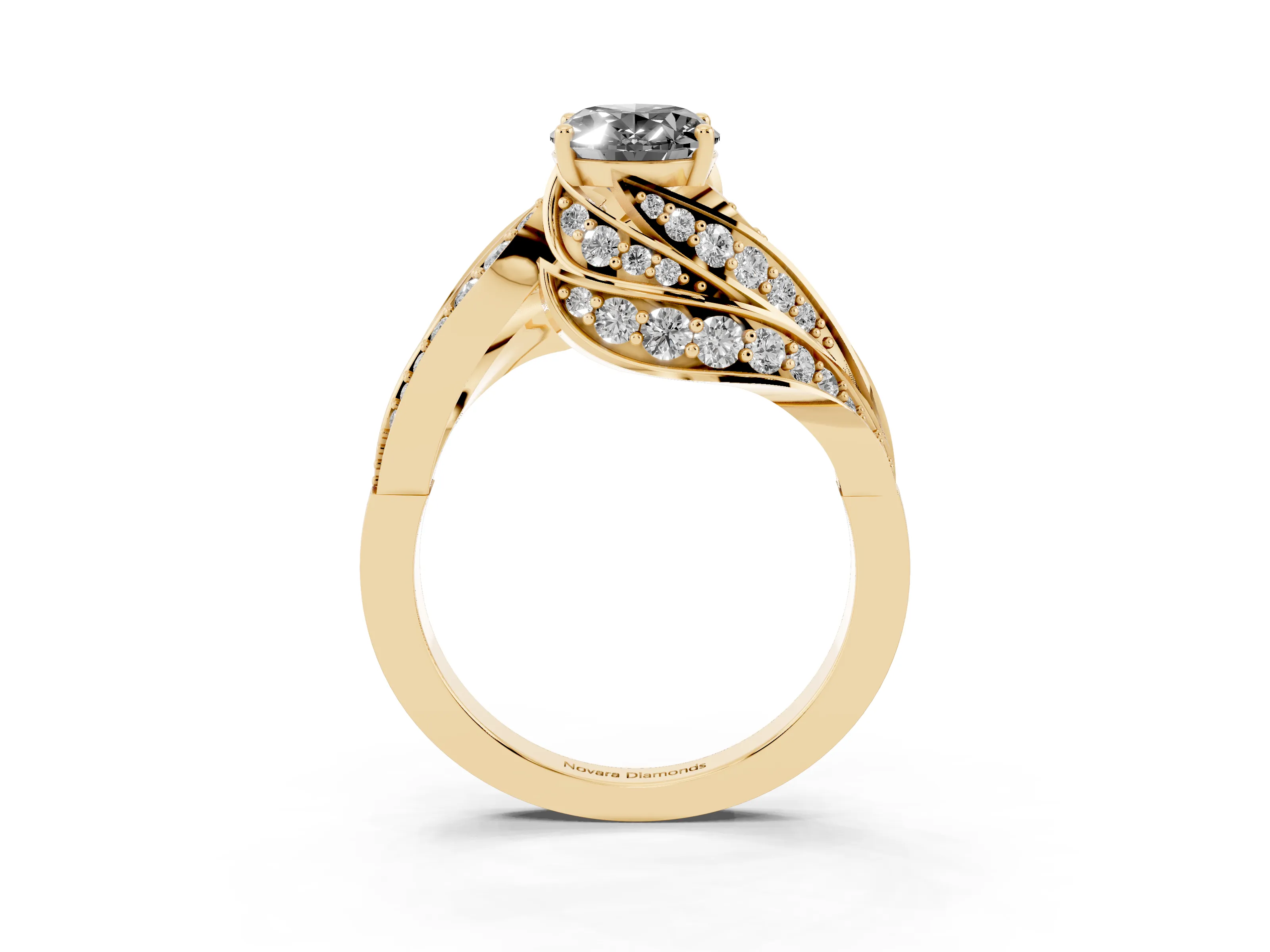 Fancy Black Oval Cut Diamond Solitaire Ring Set in Yellow gold with Layered Twist Pavé Band