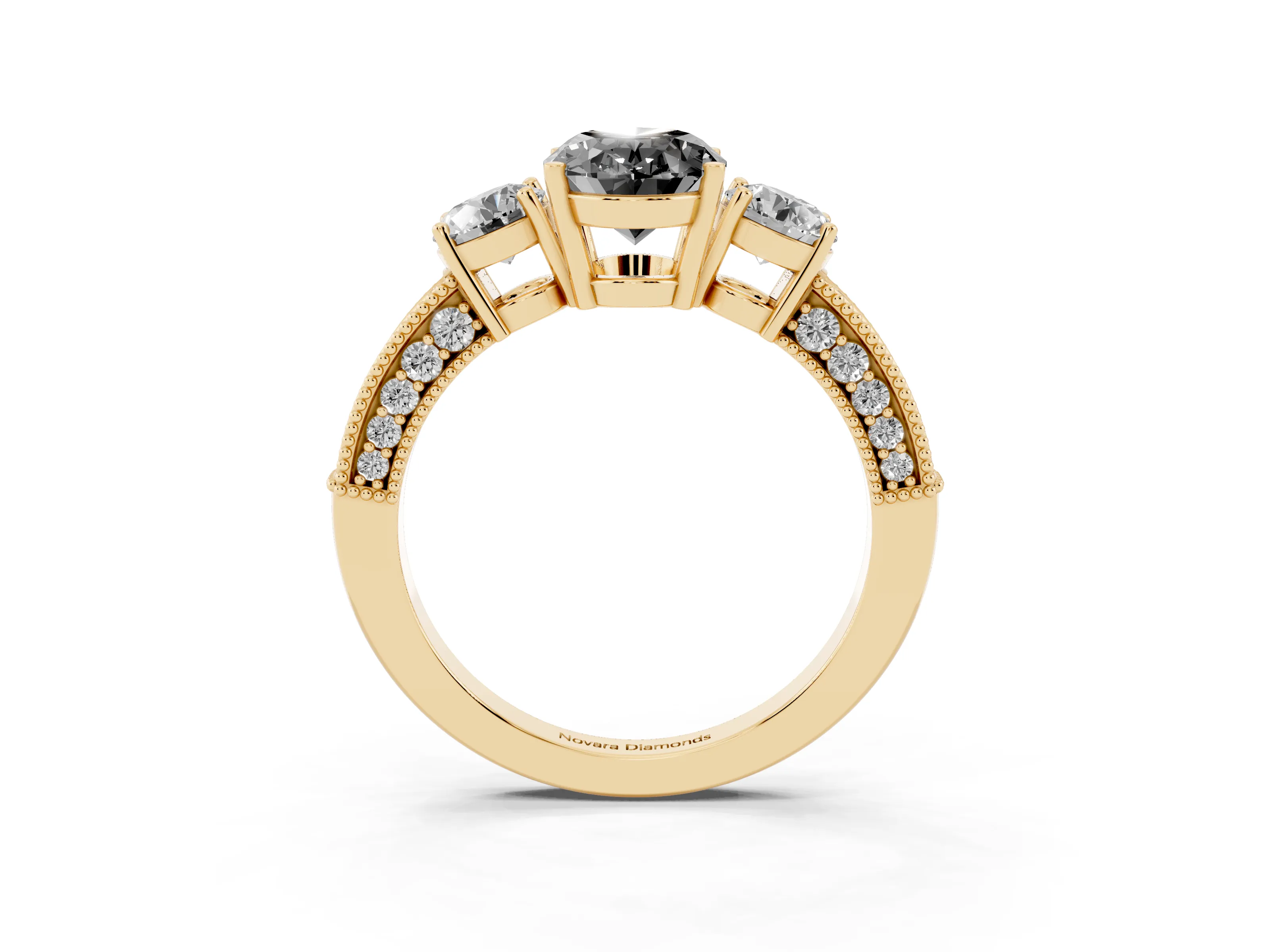 Fancy Black Oval Cut Diamond Three-Stone Ring Set in Yellow gold with Round Side Stones and Pavé Band