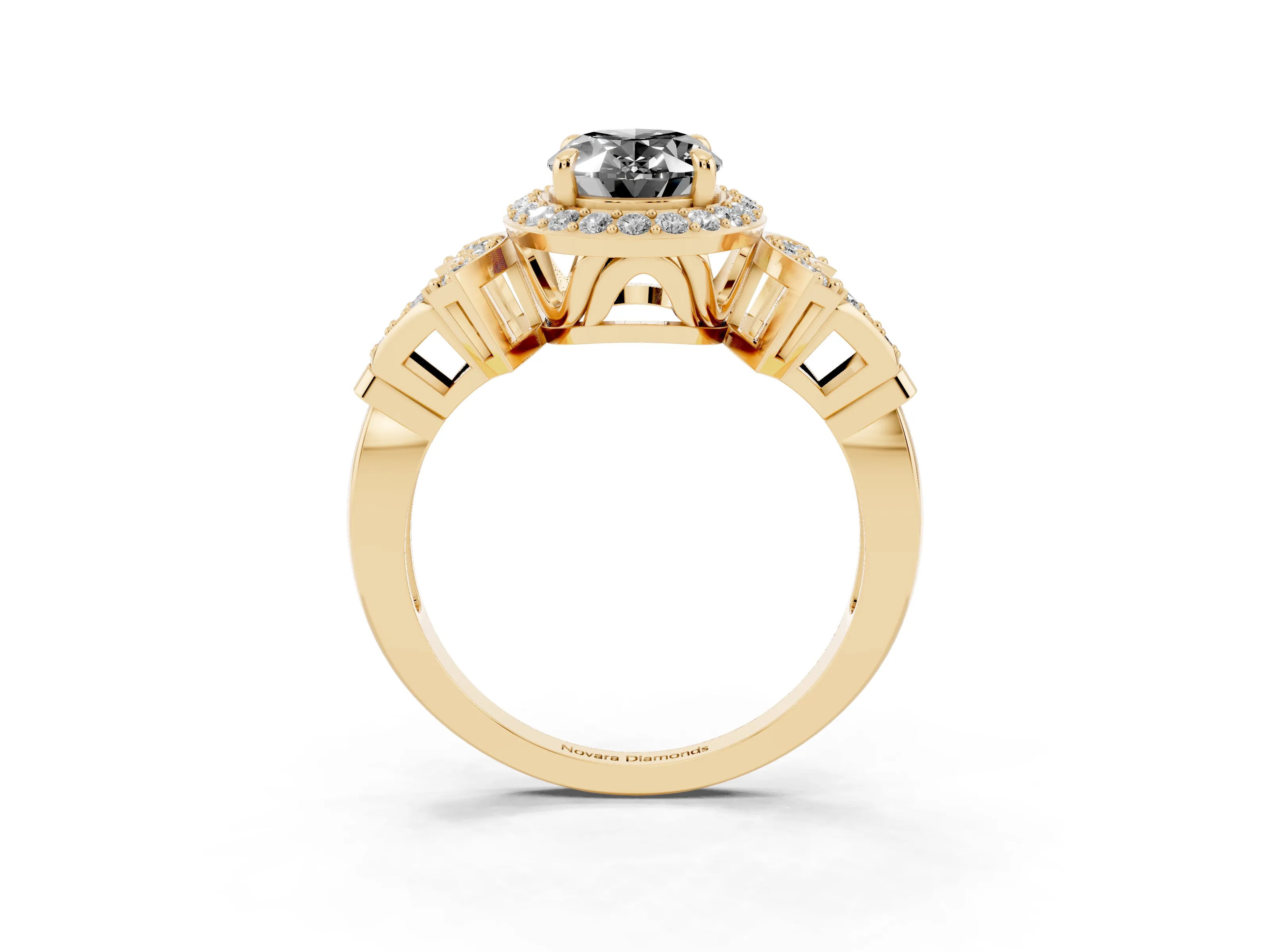 Fancy Black Oval Cut Diamond Halo Engagement Ring Set in Yellow gold with Accent Stone Split Shank