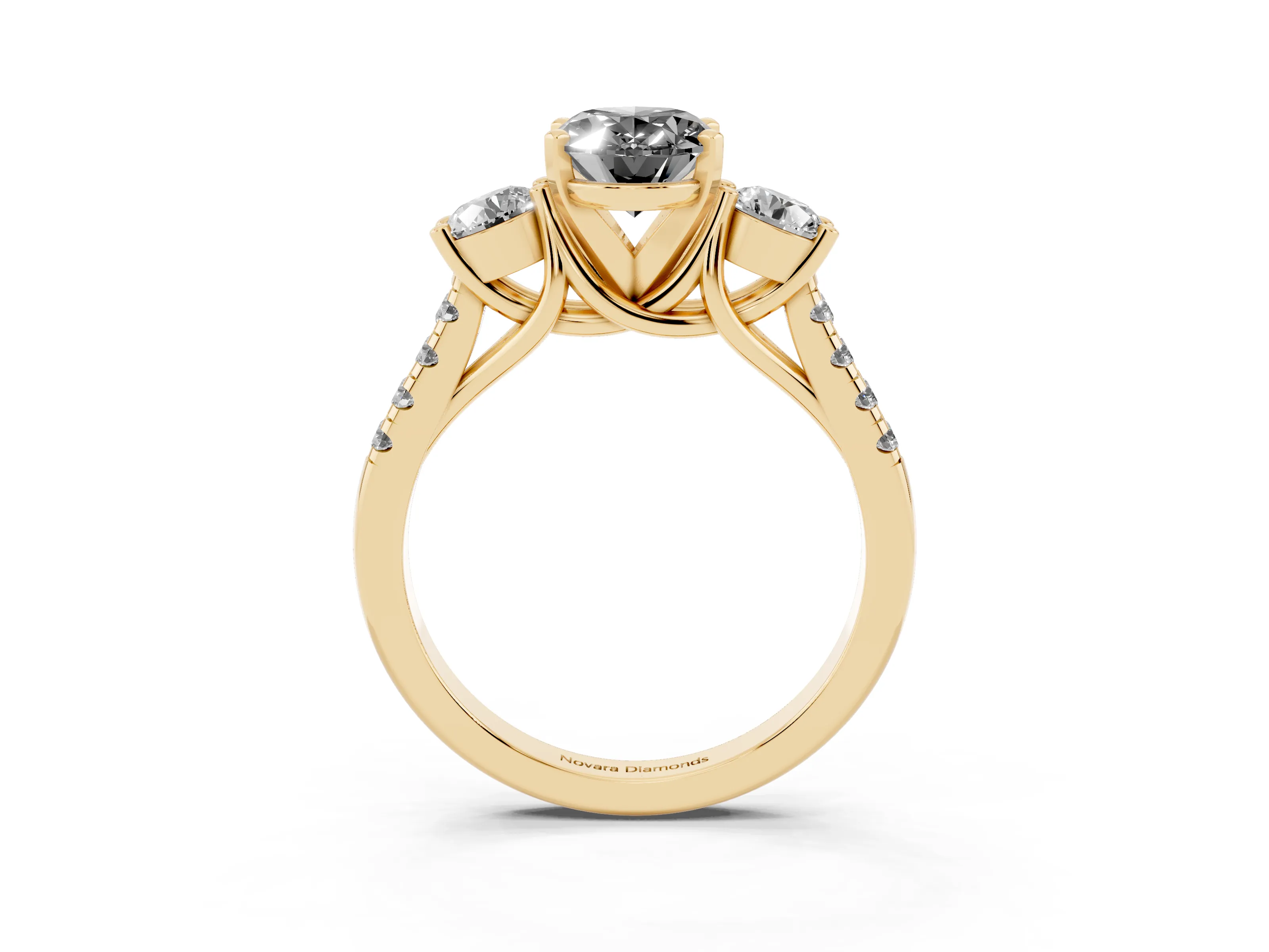 Fancy Black Three-Stone Oval Cut Diamond Pavé Band Ring Set in Yellow gold with Prong-Set Trio