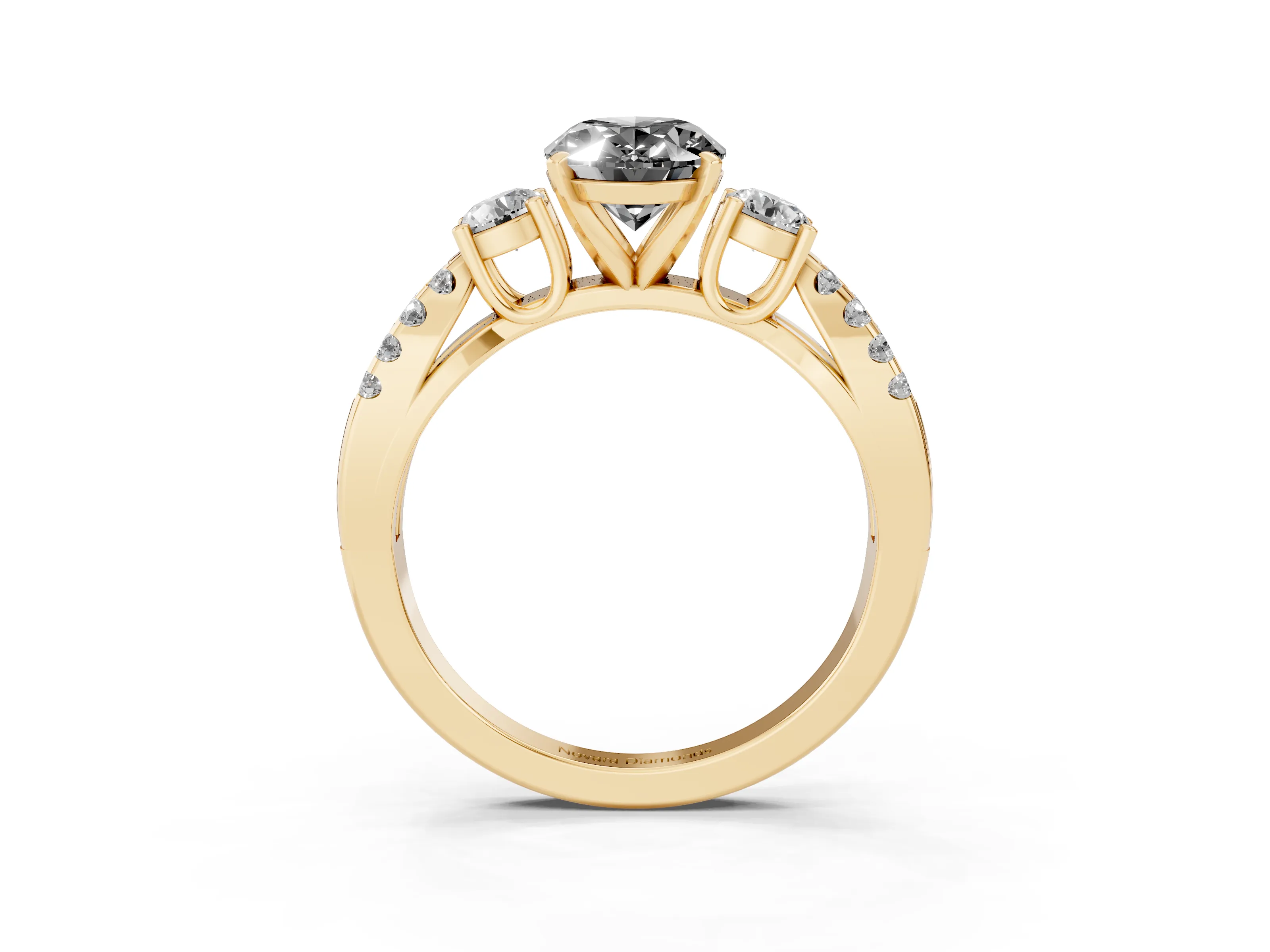 Fancy Black Oval Cut Diamond Three-Stone Ring Set in Yellow gold with Pavé Split Shank and Prong Setting
