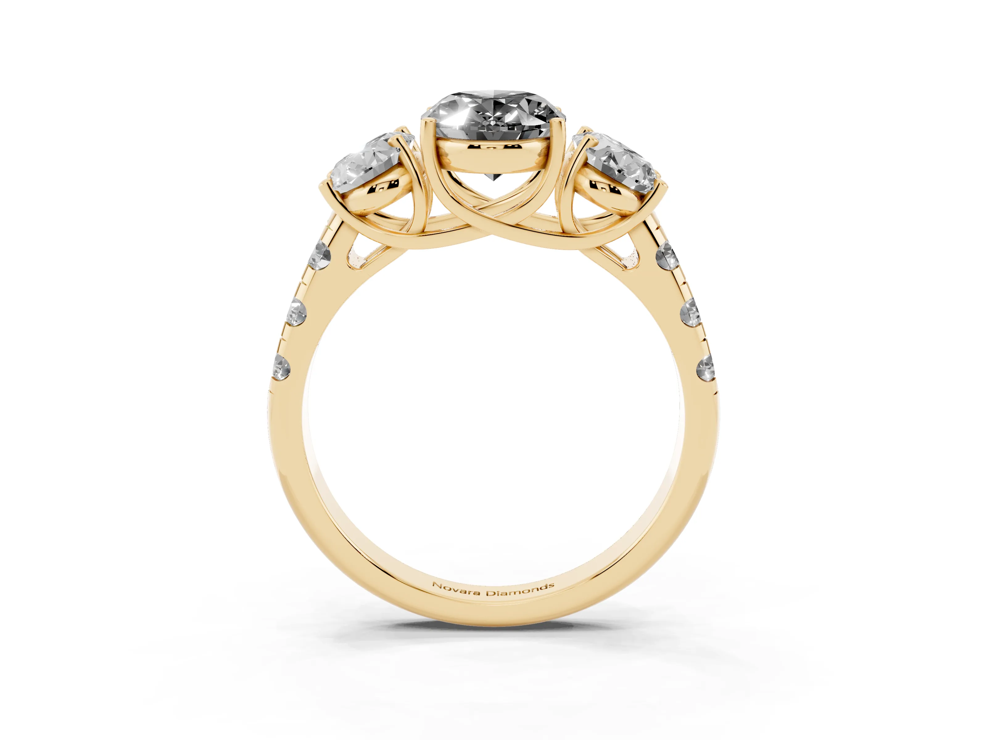 Fancy Black Oval Cut Diamond Three-Stone Ring Set in Yellow gold with Pavé Band