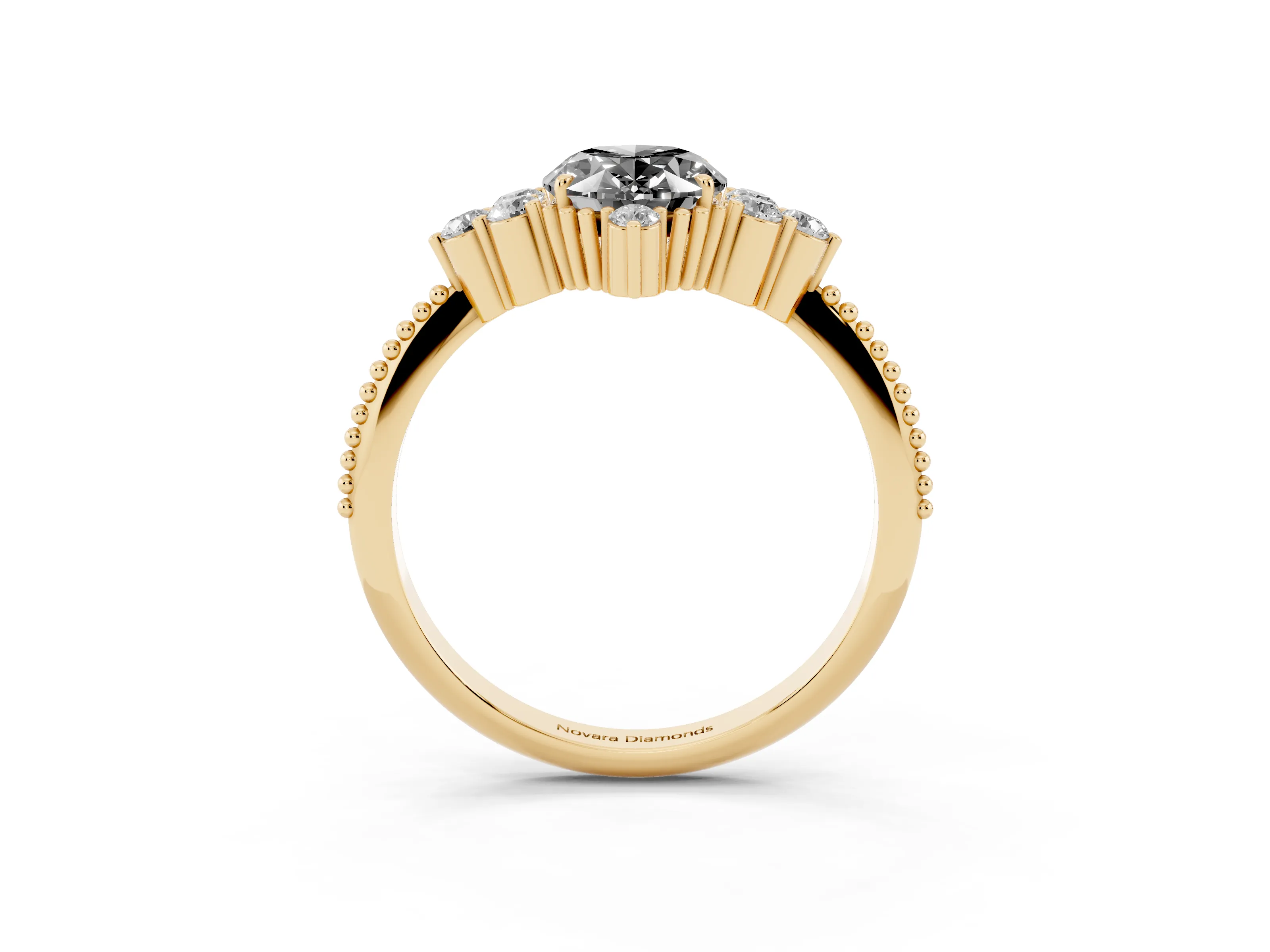 Fancy Black Oval Cut Diamond Cluster Ring Set in Yellow gold with Beaded Band