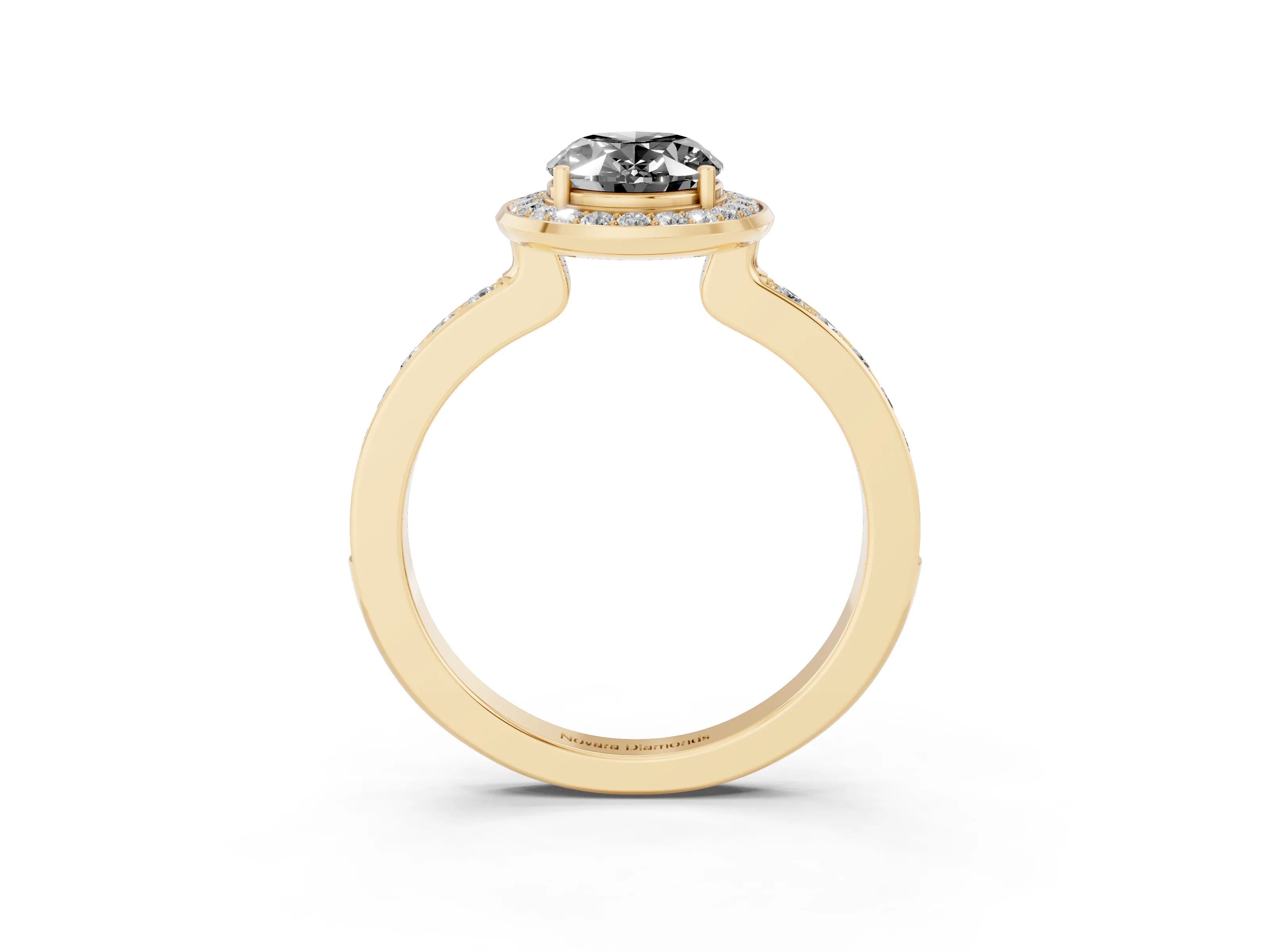 Fancy Black Oval Cut Diamond Halo Ring Set in Yellow gold with Bezel Frame and Pavé Band