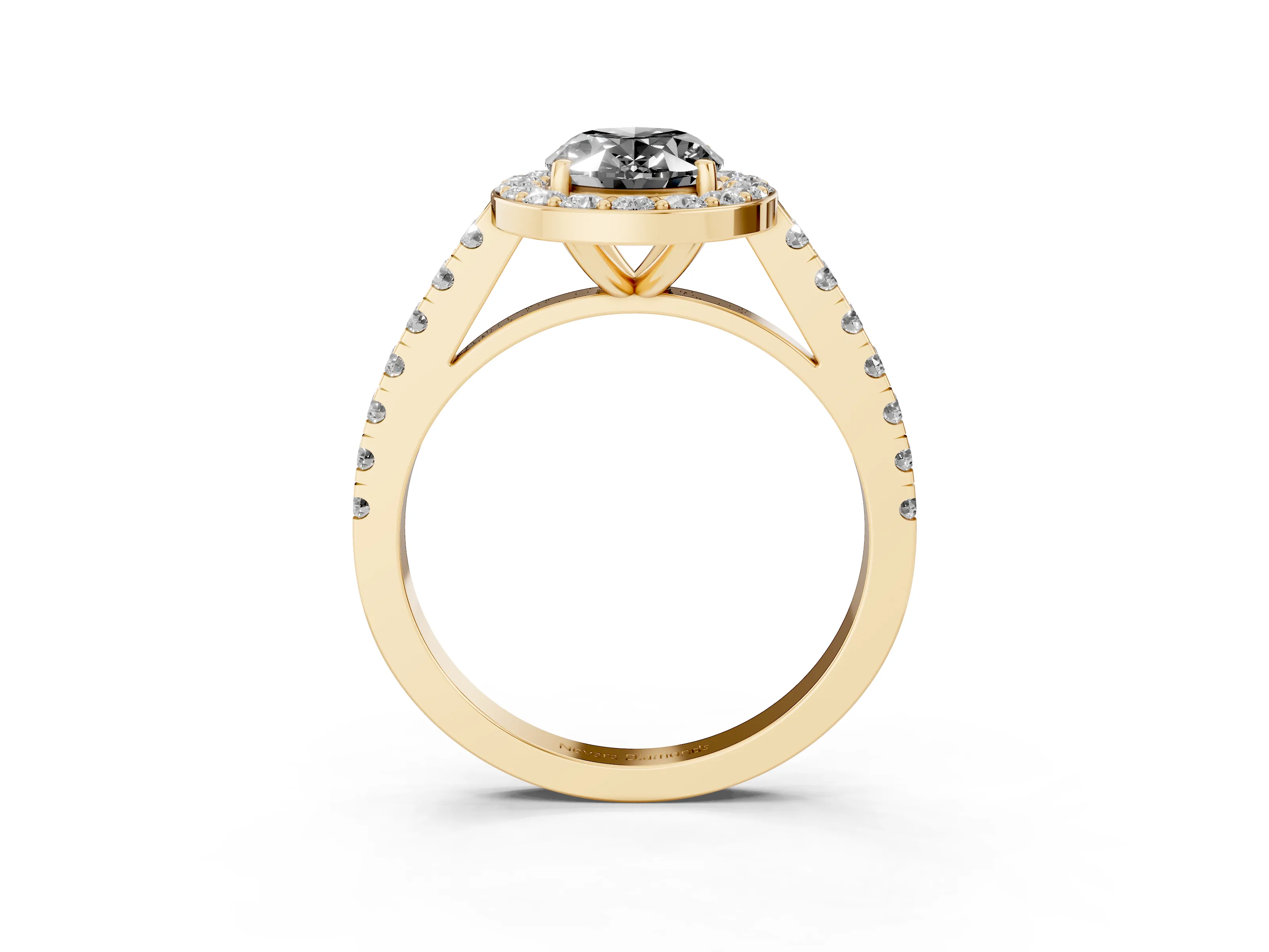 Fancy Black Oval Cut Diamond Halo Ring Set in Yellow gold with Round Pavé Split Shank and Prong Setting