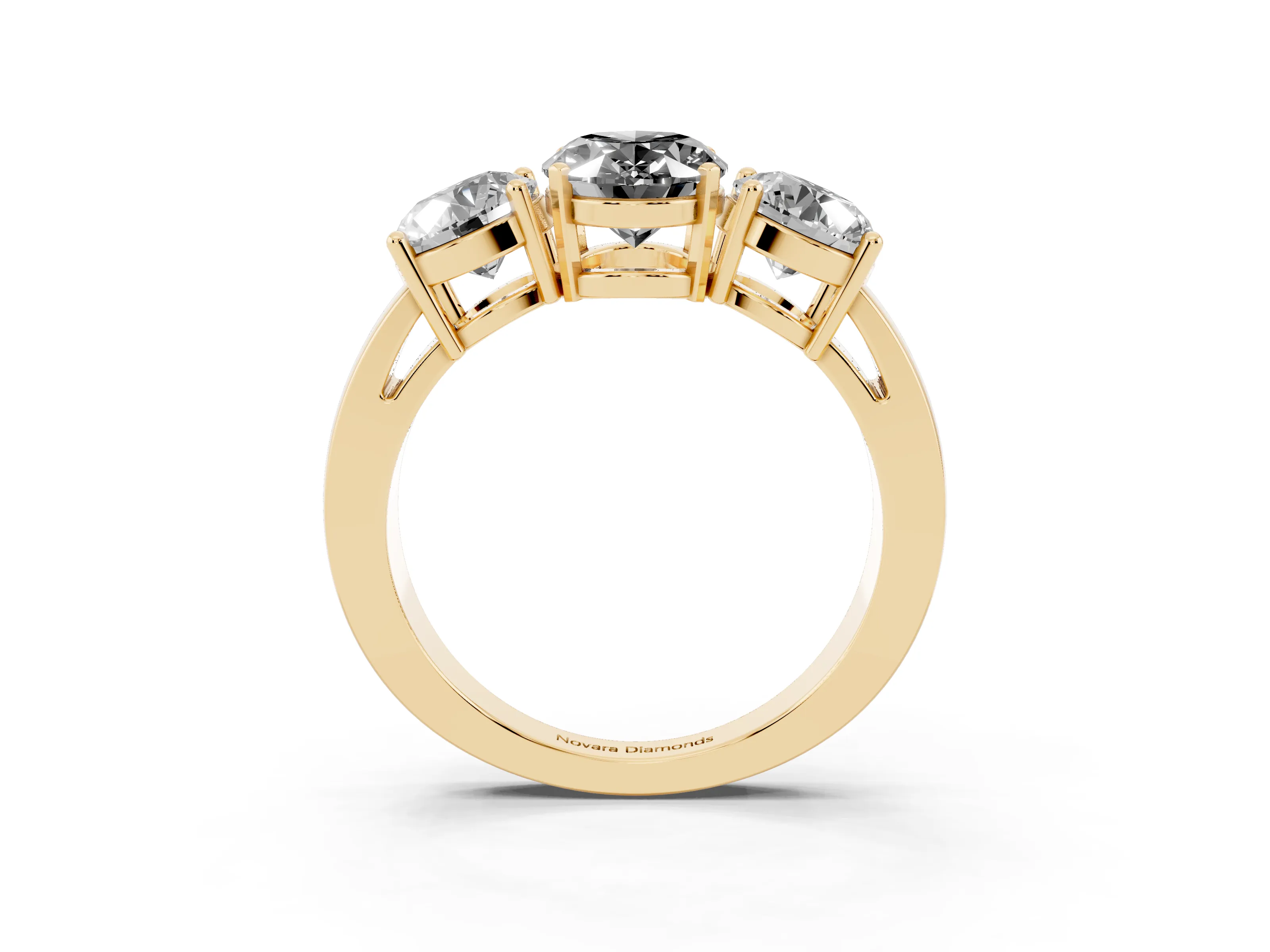 Fancy Black Oval Cut Diamond Three-Stone Ring Set in Yellow gold with Round Side Stones and Classic Band