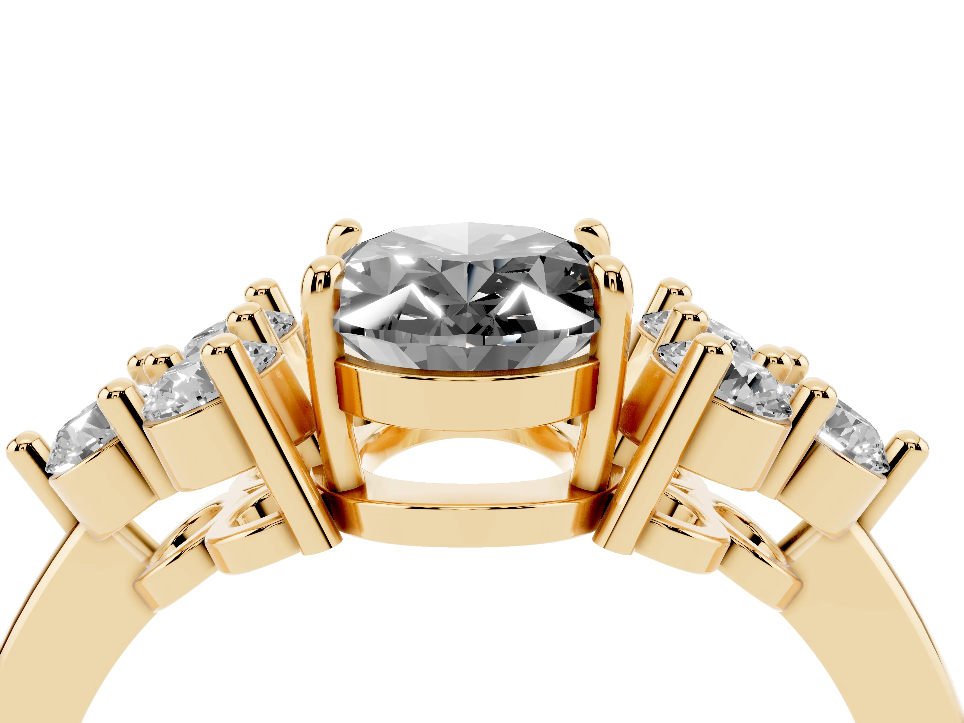 Fancy Black Oval Cut Diamond Solitaire Ring Set in Yellow gold with Cluster Accents on Each Side