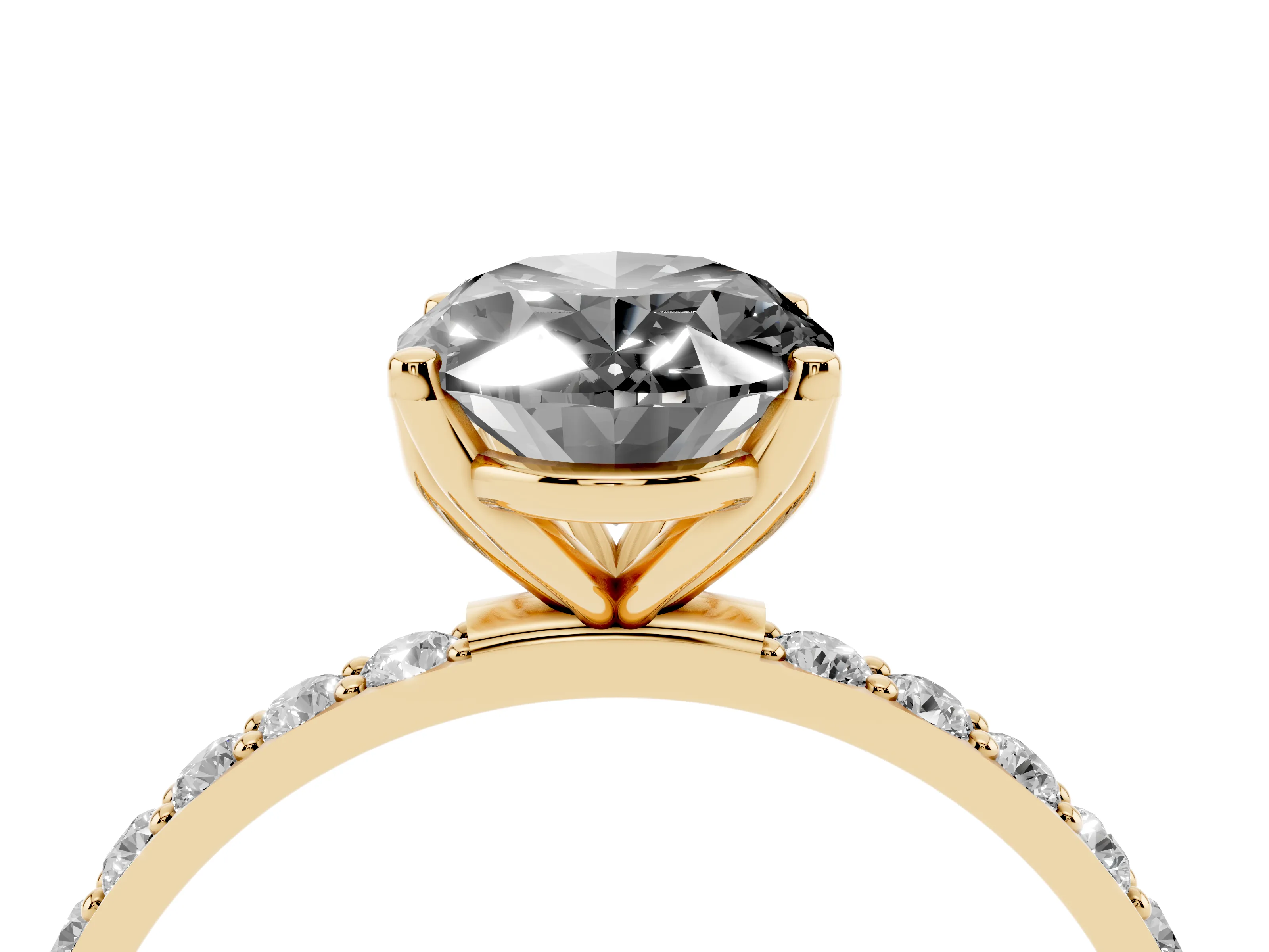 Fancy Black Oval Cut Diamond Solitaire Engagement Ring Set in Yellow gold with Round Pavé Band and Prong Setting