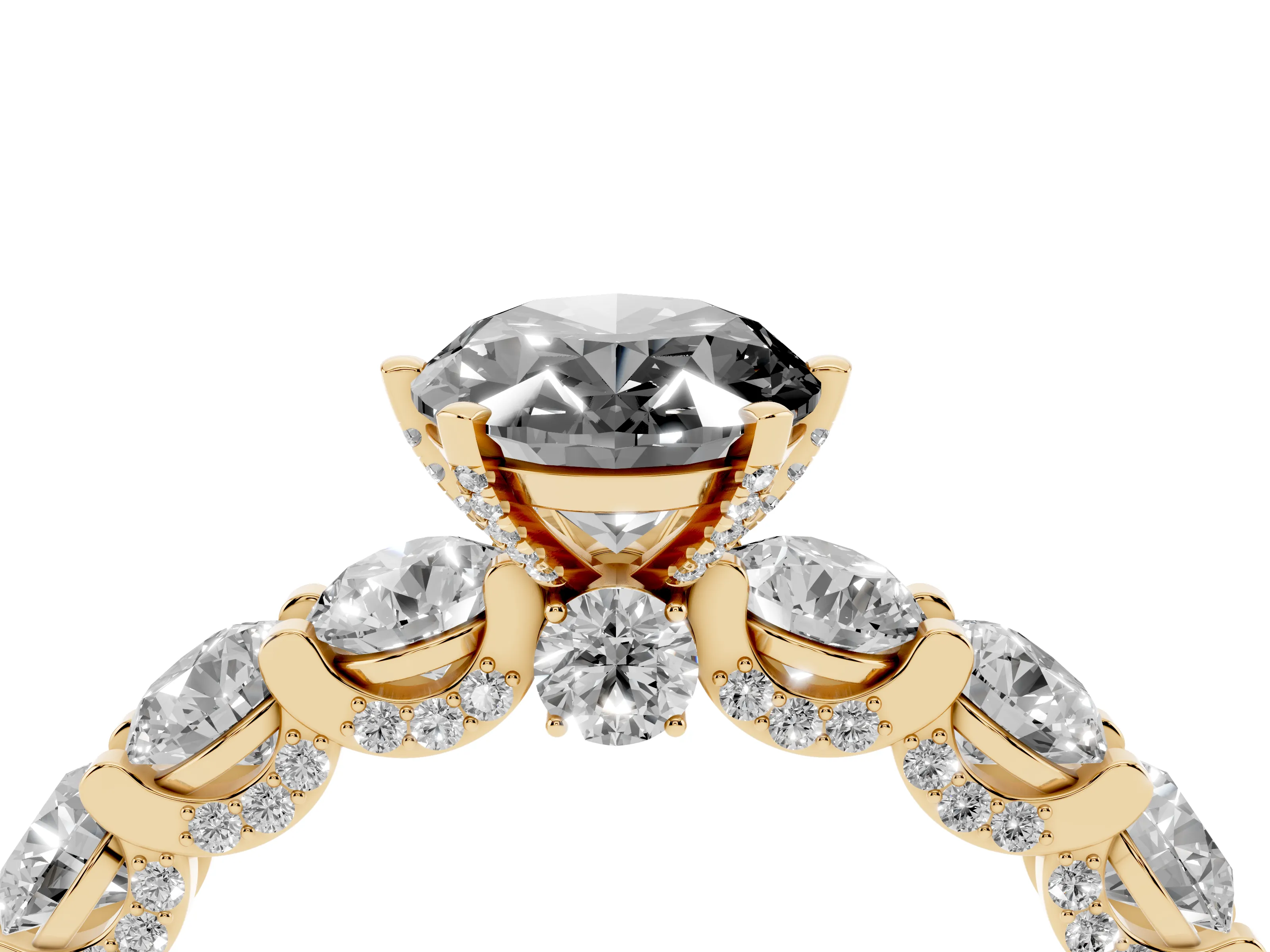Fancy Black Oval Cut Diamond Side Stone Ring Set in Yellow gold with Alternating Round and Oval Side Stones