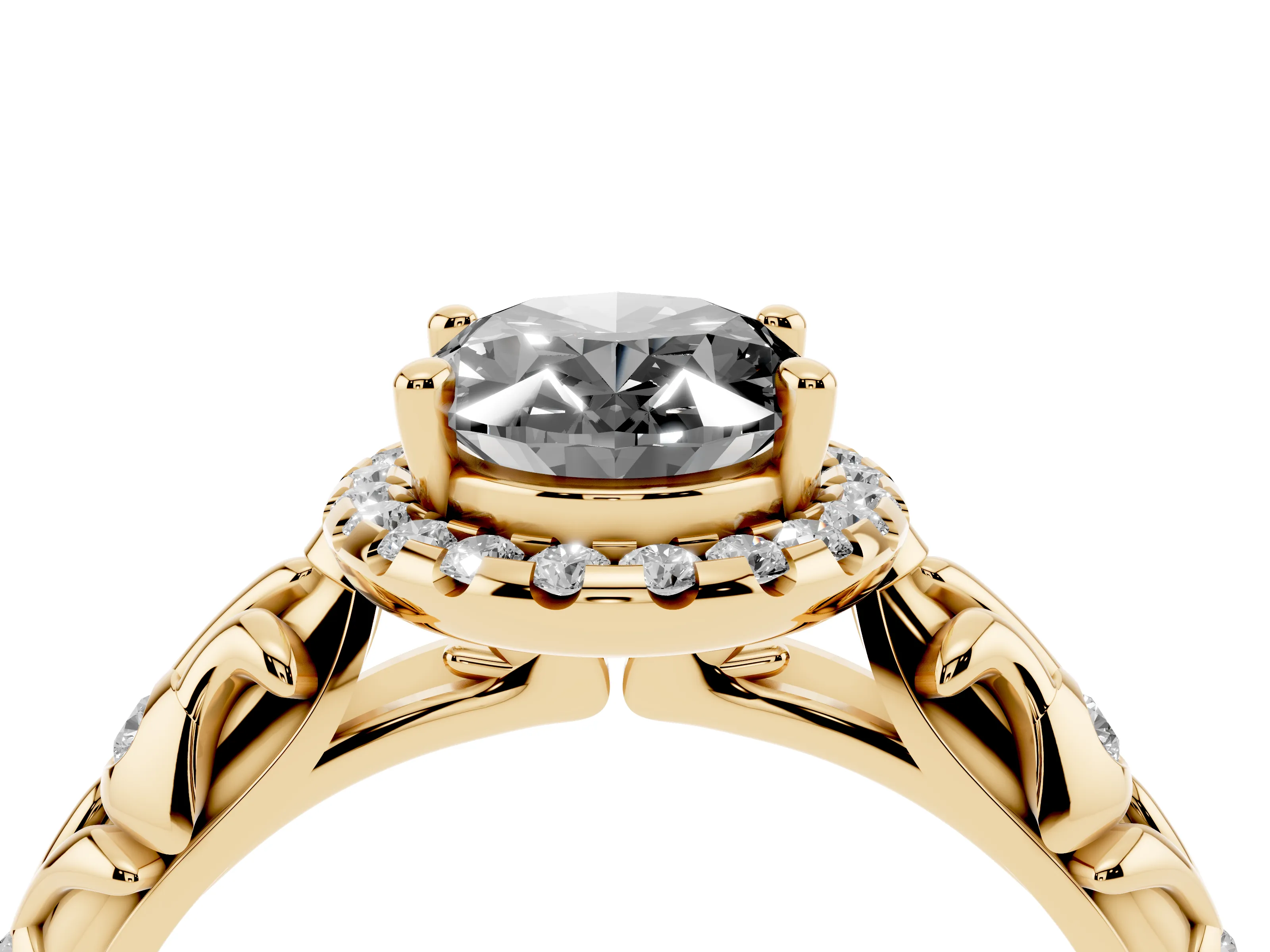 Fancy Black Oval Cut Diamond Halo Ring Set in Yellow gold with Filigree Leaf Band and Prong Setting