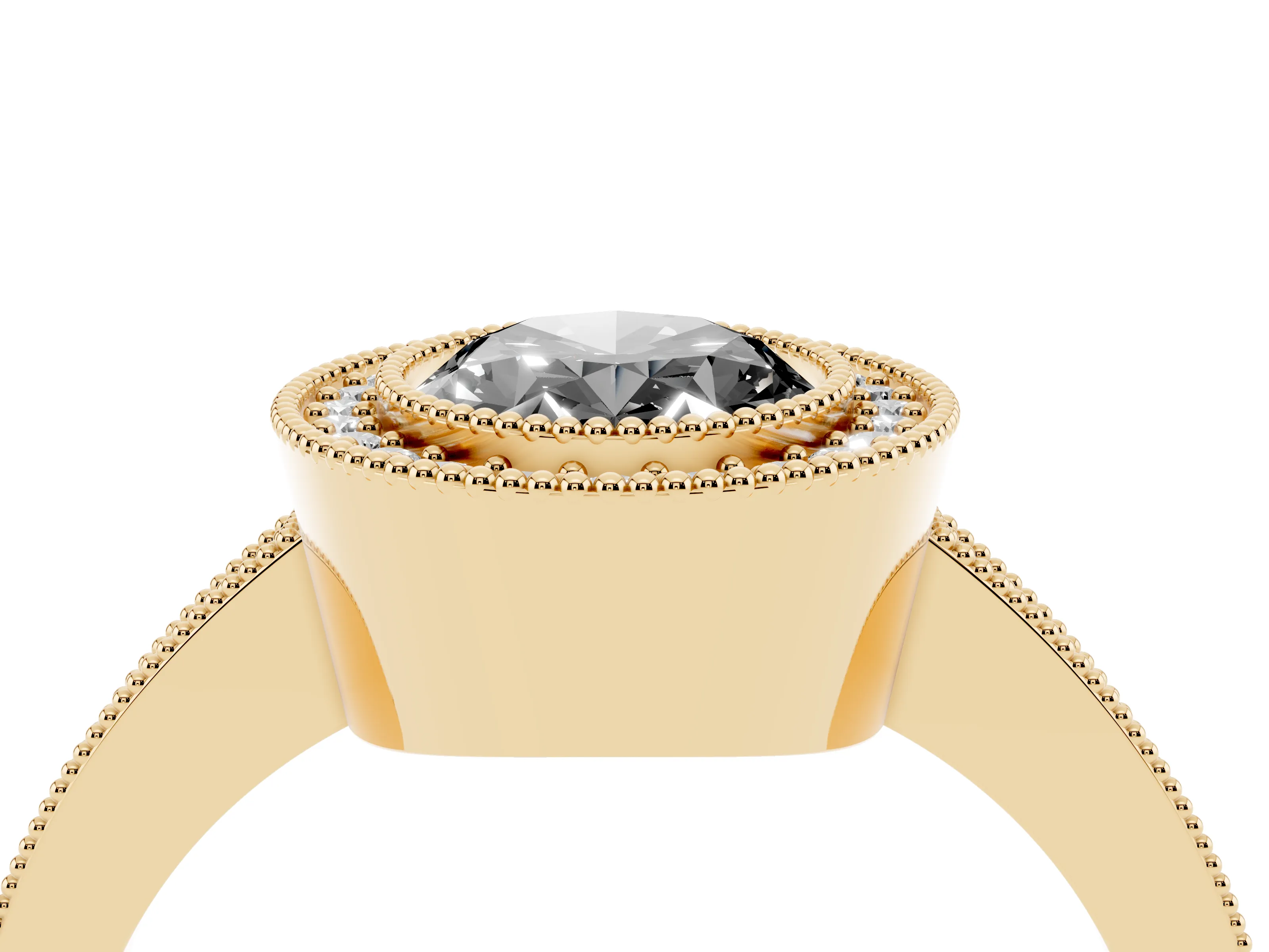 Fancy Black Oval Cut Diamond Halo Engagement Ring Set in Yellow gold with Pavé Band and Round Halo Stones
