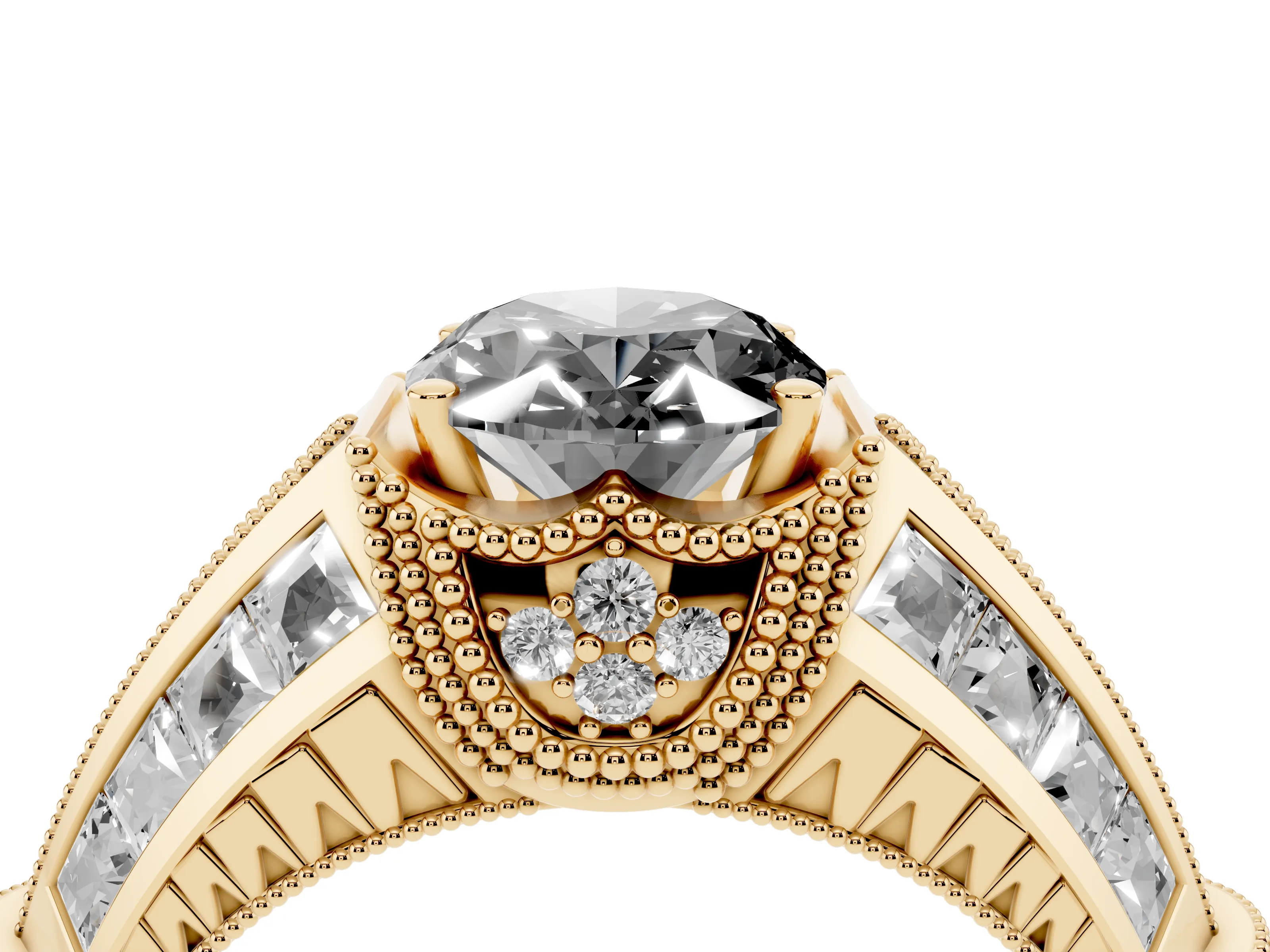 Fancy Black Oval Cut Diamond Vintage-Inspired Milgrain Ring Set in Yellow gold with Accent Split Shank