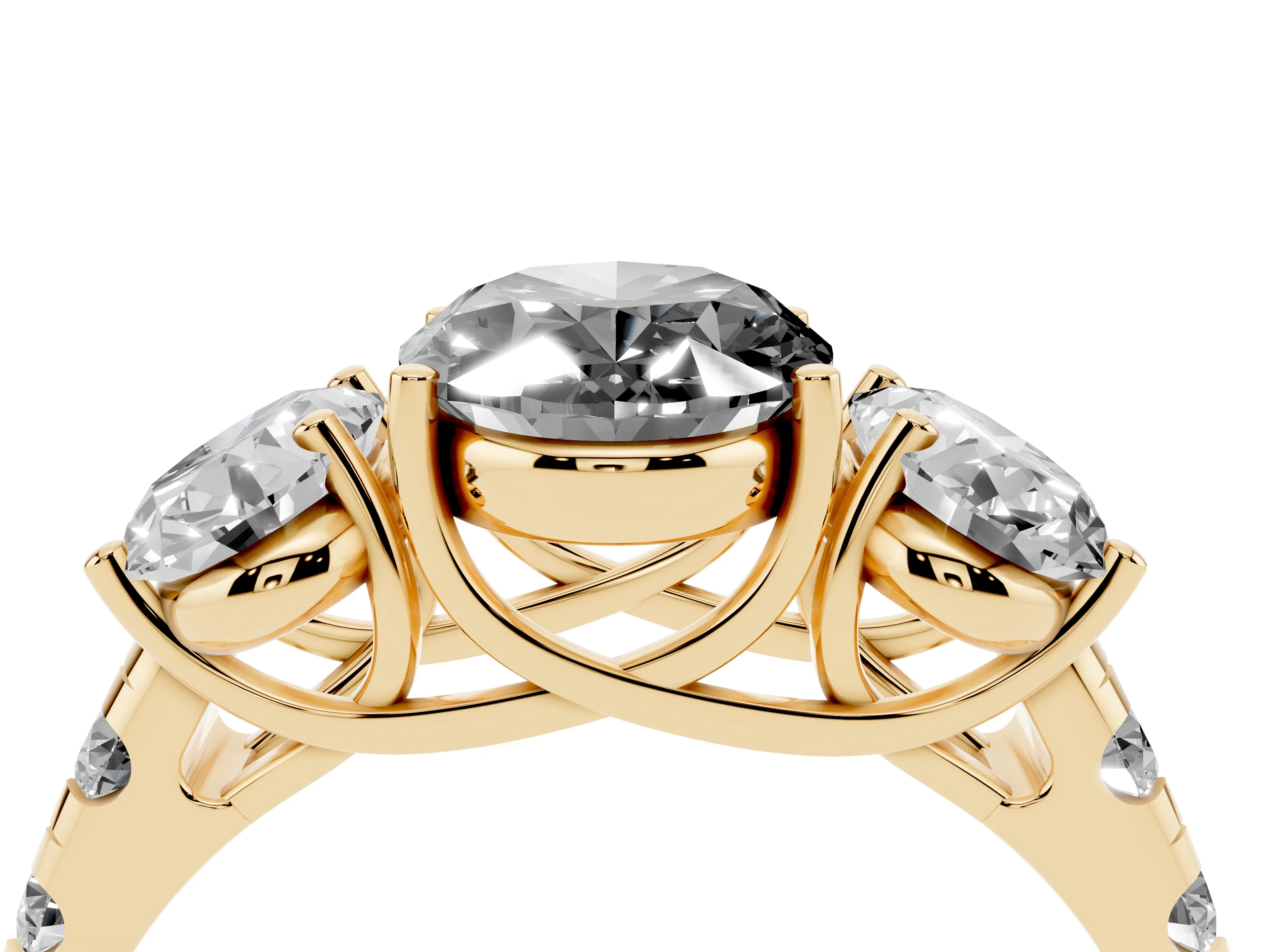 Fancy Black Oval Cut Diamond Three-Stone Ring Set in Yellow gold with Pavé Band