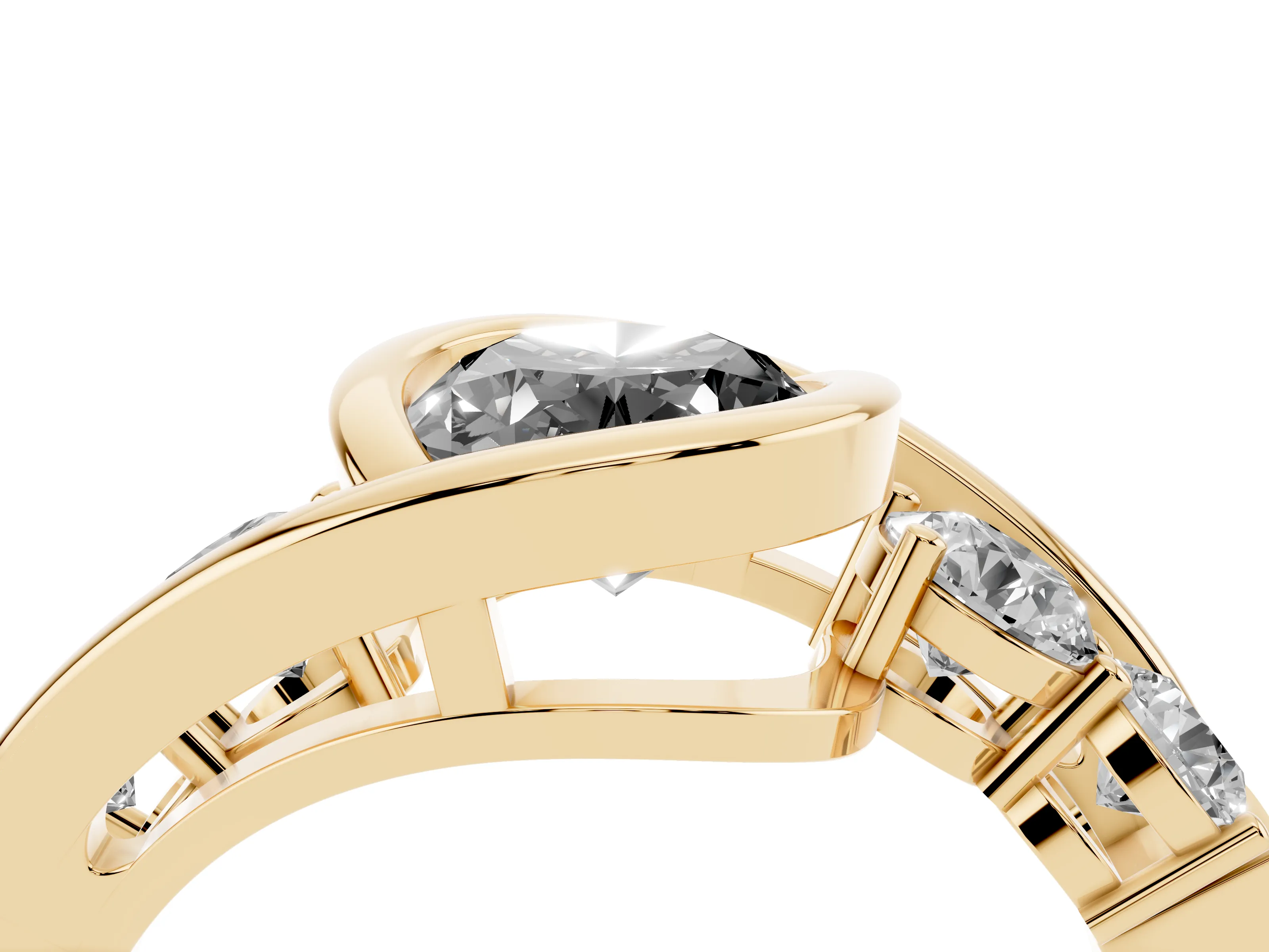 Fancy Black Oval Cut Diamond Bezel Bypass Ring Set in Yellow gold with Round Accents