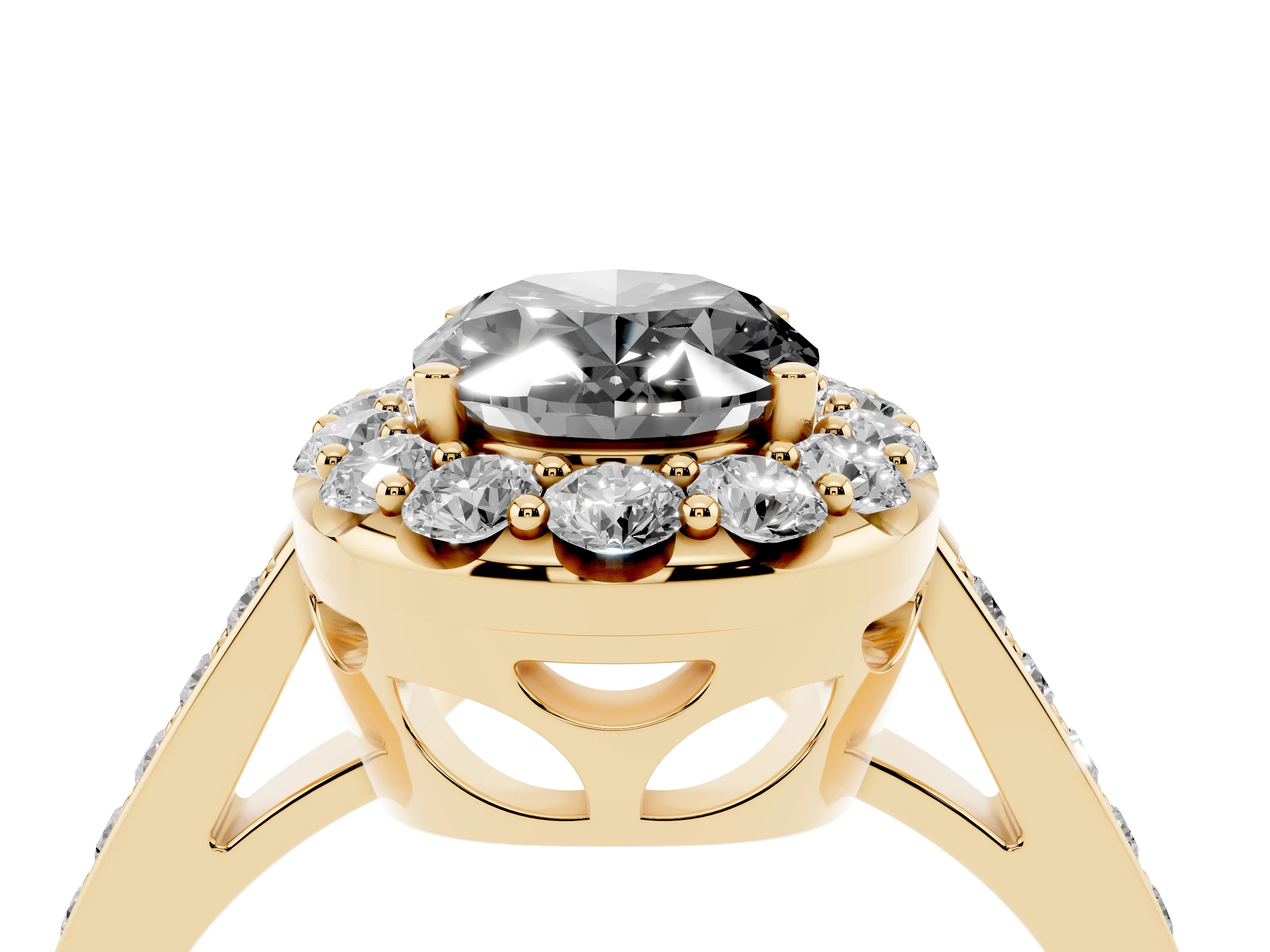 Fancy Black Oval Cut Diamond Floral Halo Ring Set in Yellow gold with Pavé Band and Prong Setting