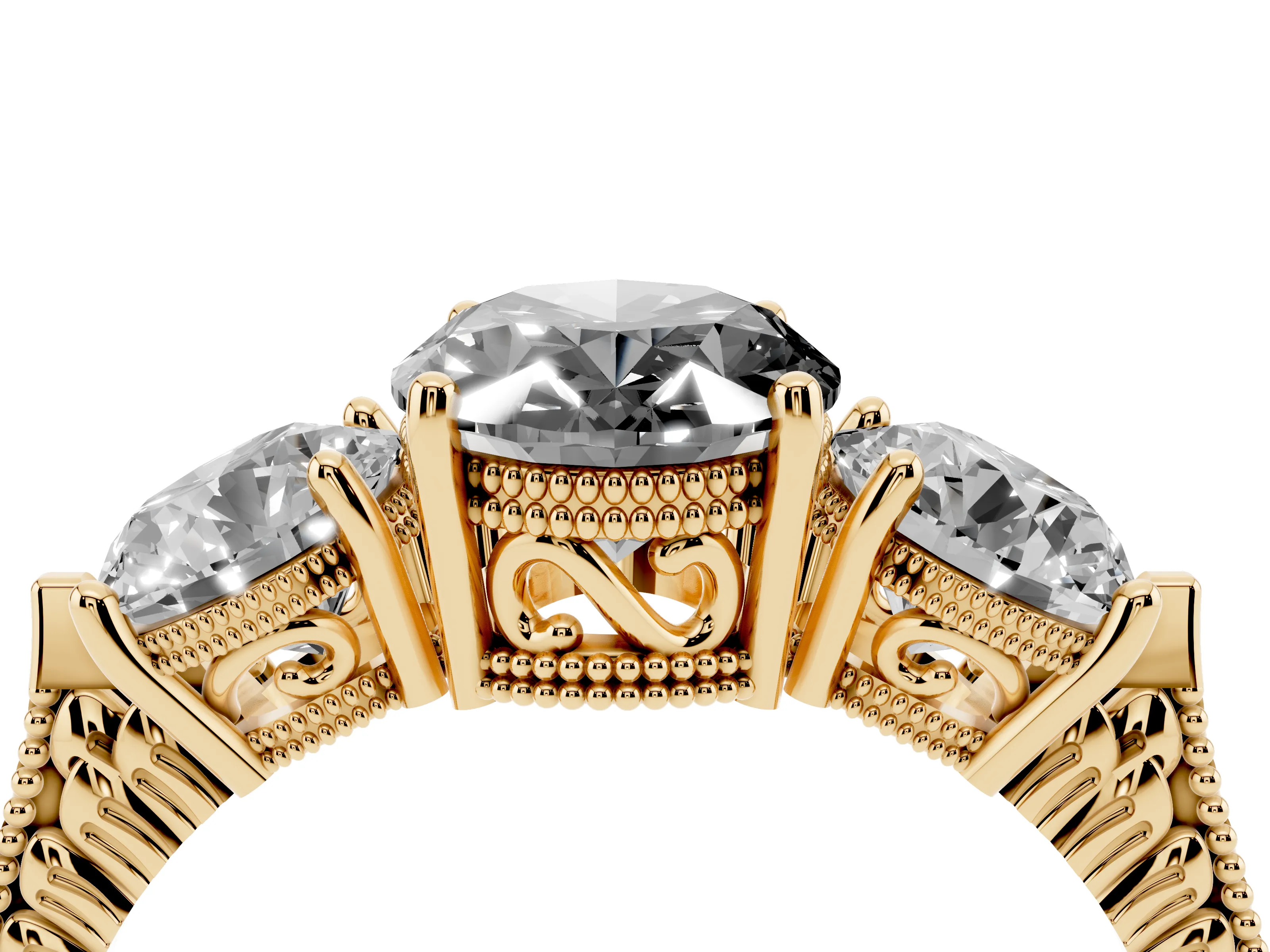 Fancy Black Oval Cut Diamond Three-Stone Ring Set in Yellow gold with Milgrain Band