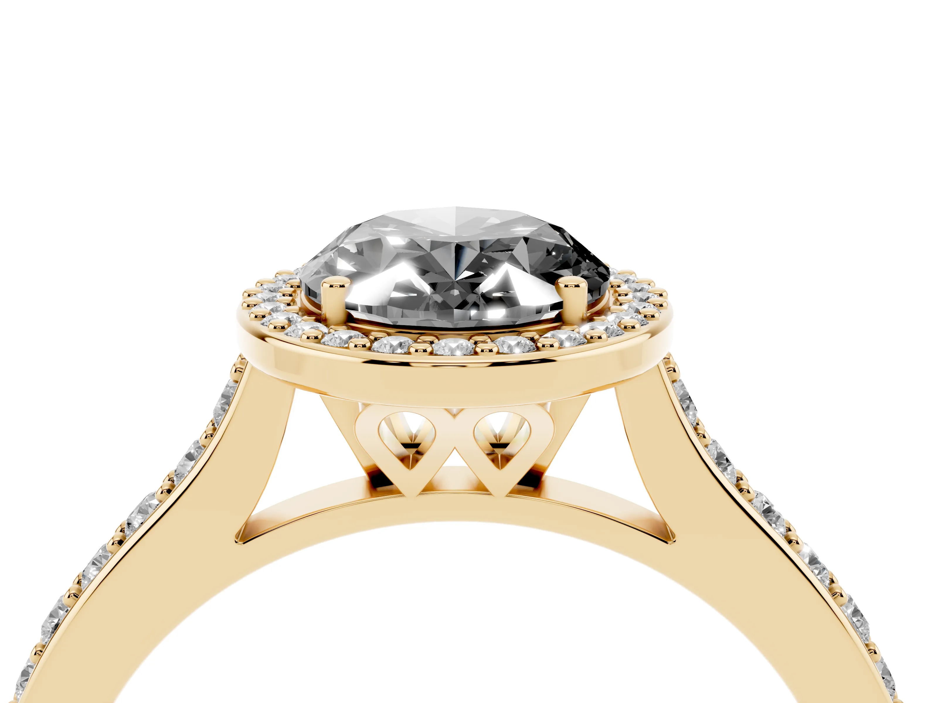 Fancy Black Oval Cut Diamond Halo Engagement Ring Set in Yellow gold with Round Pavé Shoulders and Heart Gallery