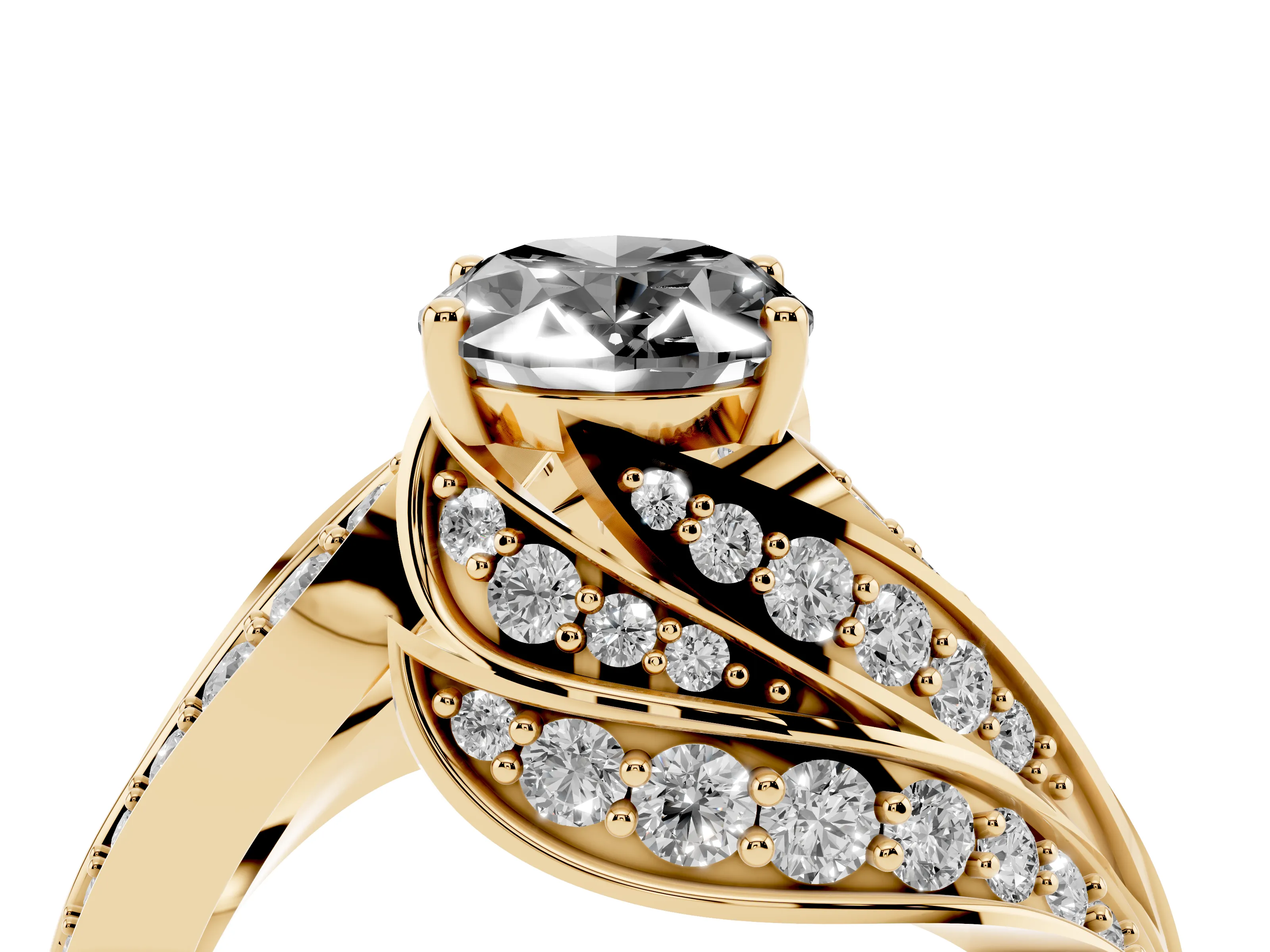 Fancy Black Oval Cut Diamond Solitaire Ring Set in Yellow gold with Layered Twist Pavé Band
