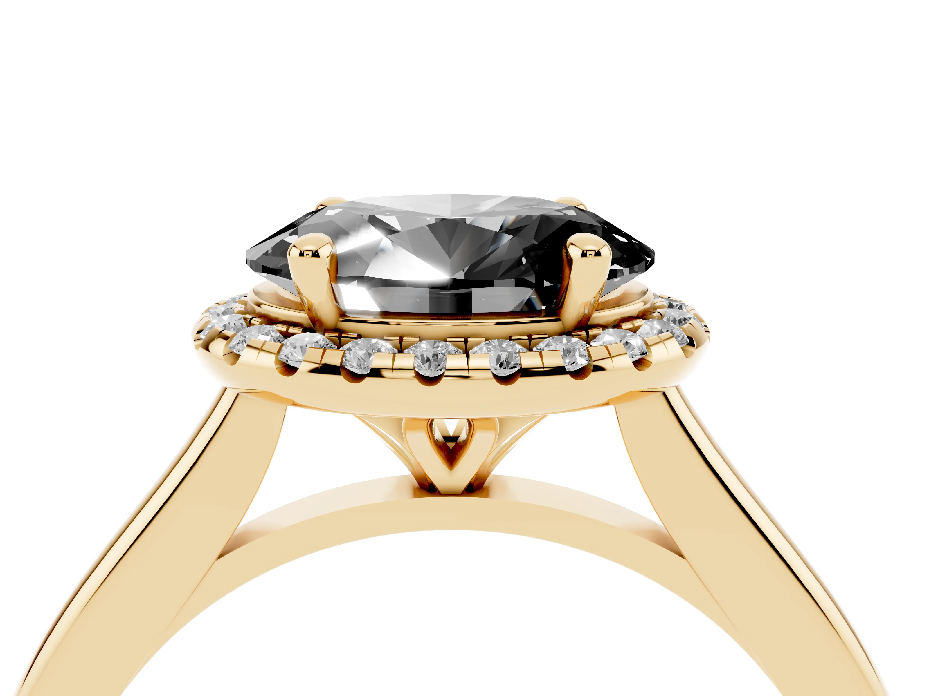 Fancy Black Oval Cut Diamond Halo Engagement Ring Set in Yellow gold with Pavé Band and Rising Shoulders