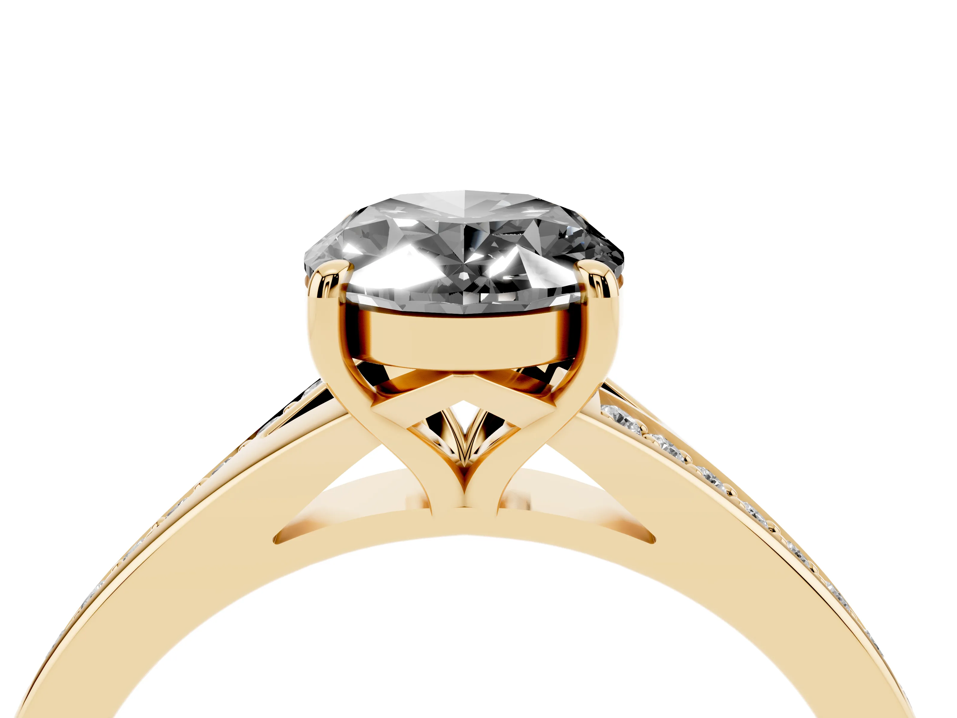 Fancy Black Oval Cut Diamond Solitaire Ring Set in Yellow gold with Pavé Accent Band and Classic Prong Setting