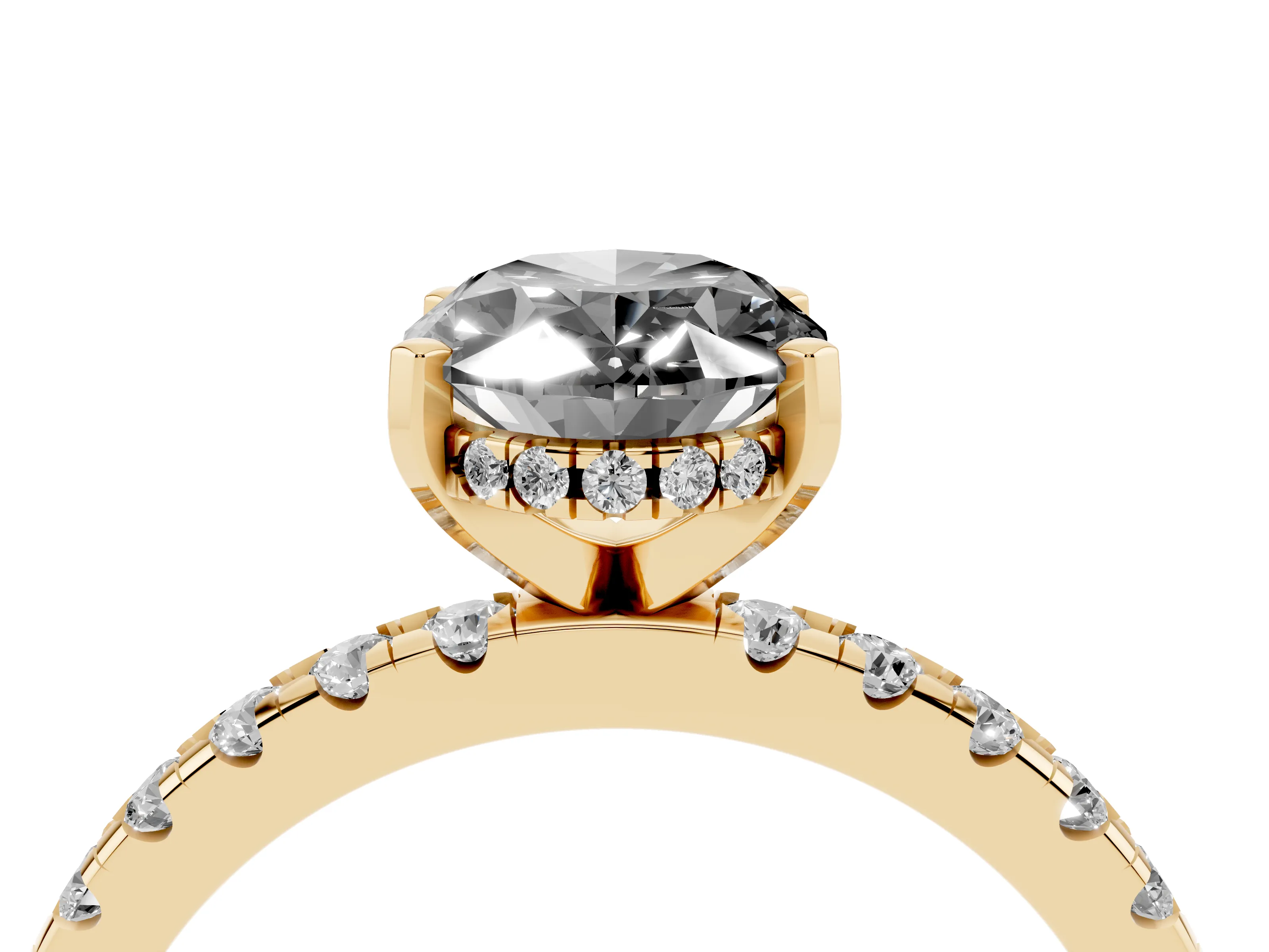 Fancy Black Oval Cut Diamond Pavé Solitaire Ring Set in Yellow gold with Round Band Accents and Prong Setting