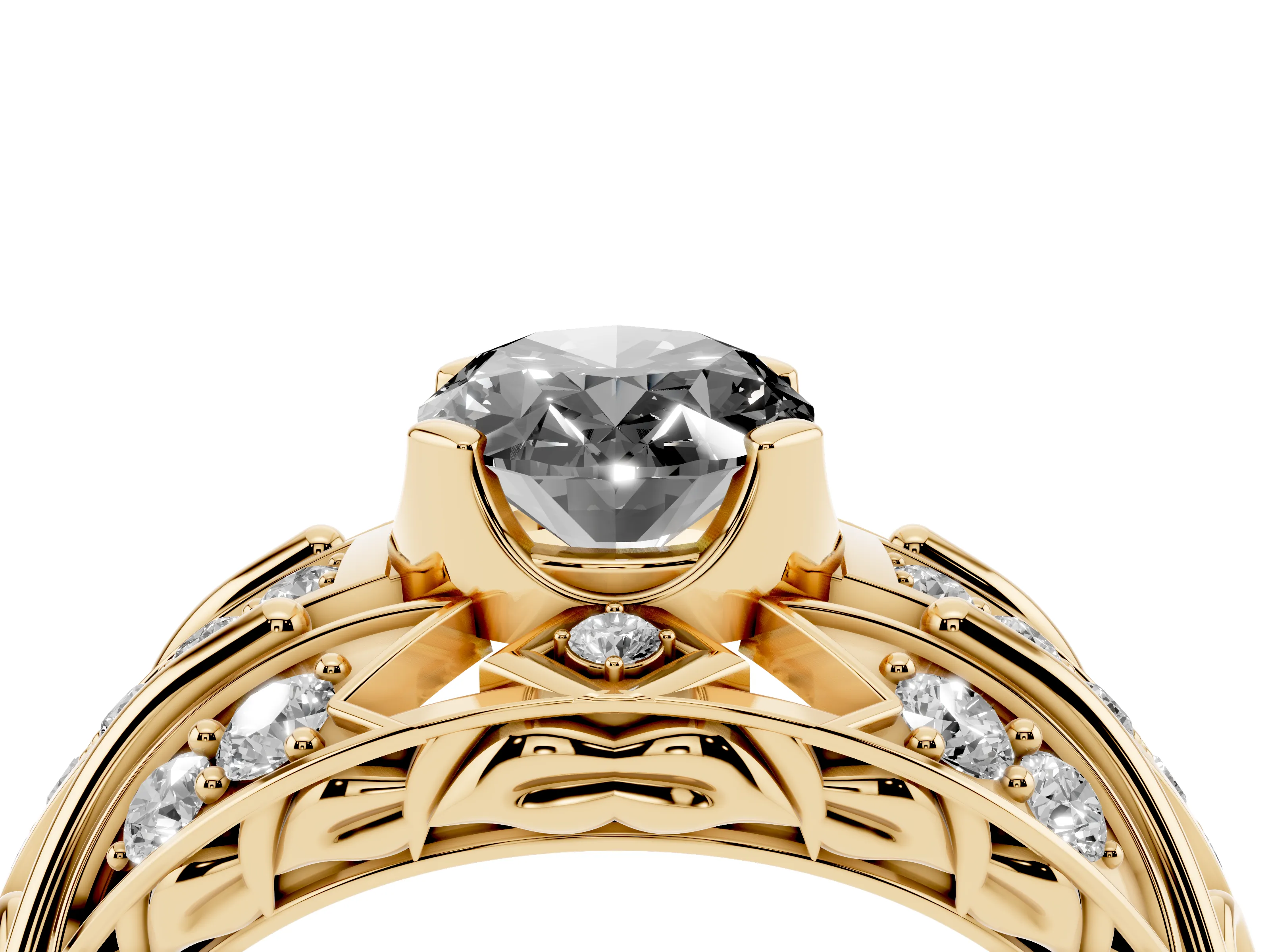Fancy Black Oval Cut Diamond Art Deco Ring Set in Yellow gold with Pavé Split Shank