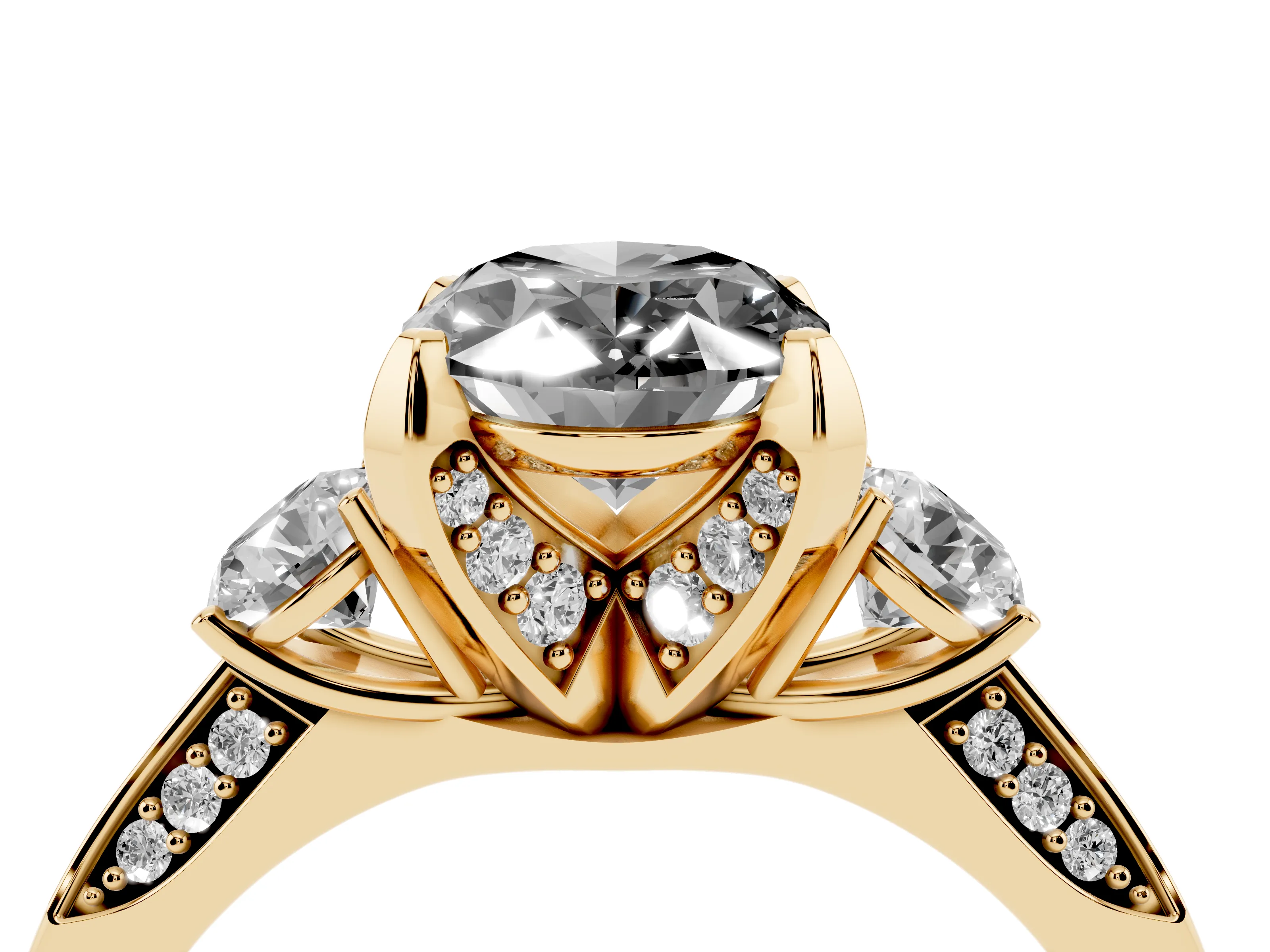 Fancy Black Oval Cut Diamond Three-Stone Ring Set in Yellow gold with Pavé Band and Smaller Side Stones