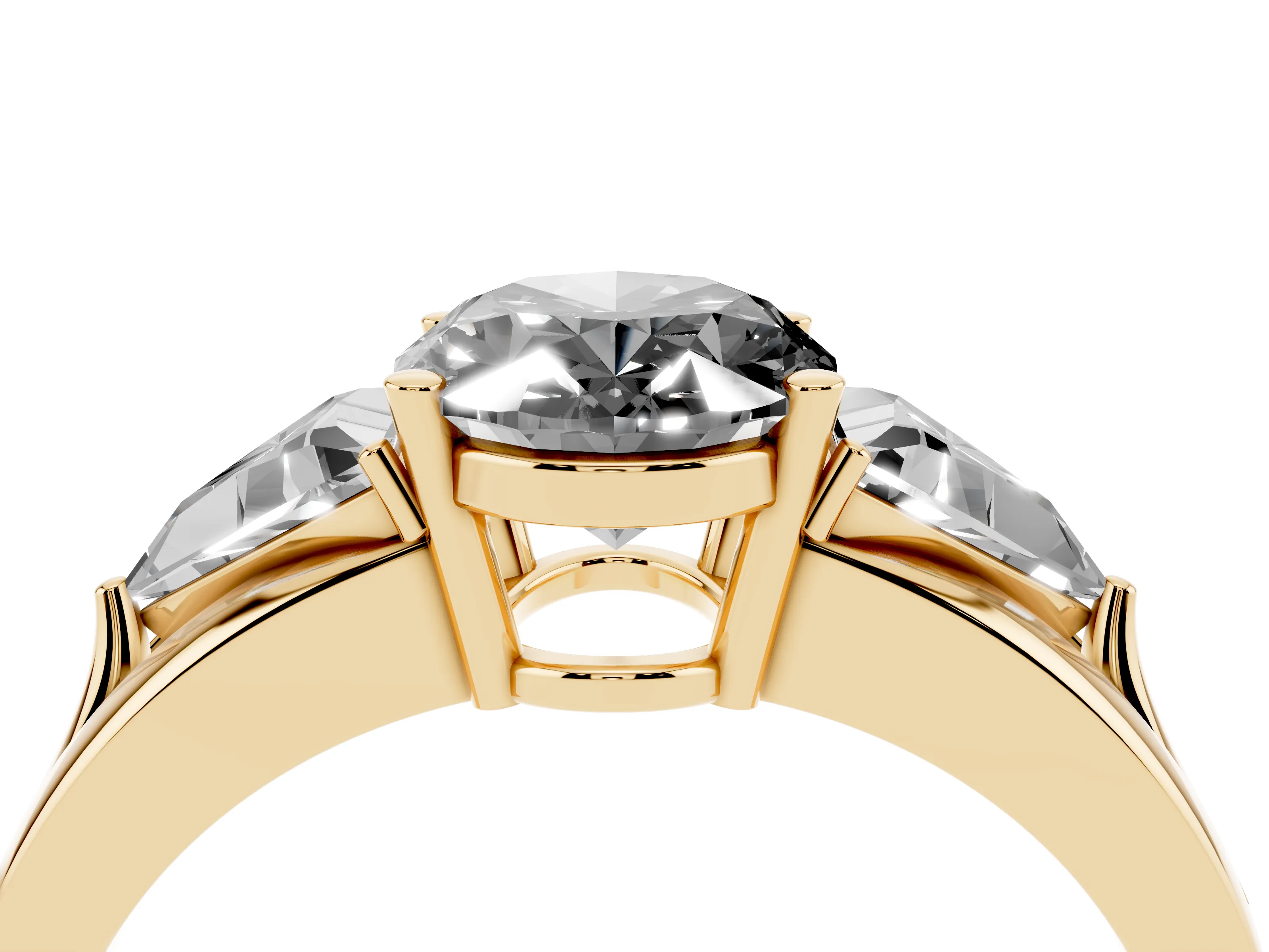 Fancy Black Oval Cut Diamond Three-Stone Ring Set in Yellow gold with Trillion Side Stones and Split Shank