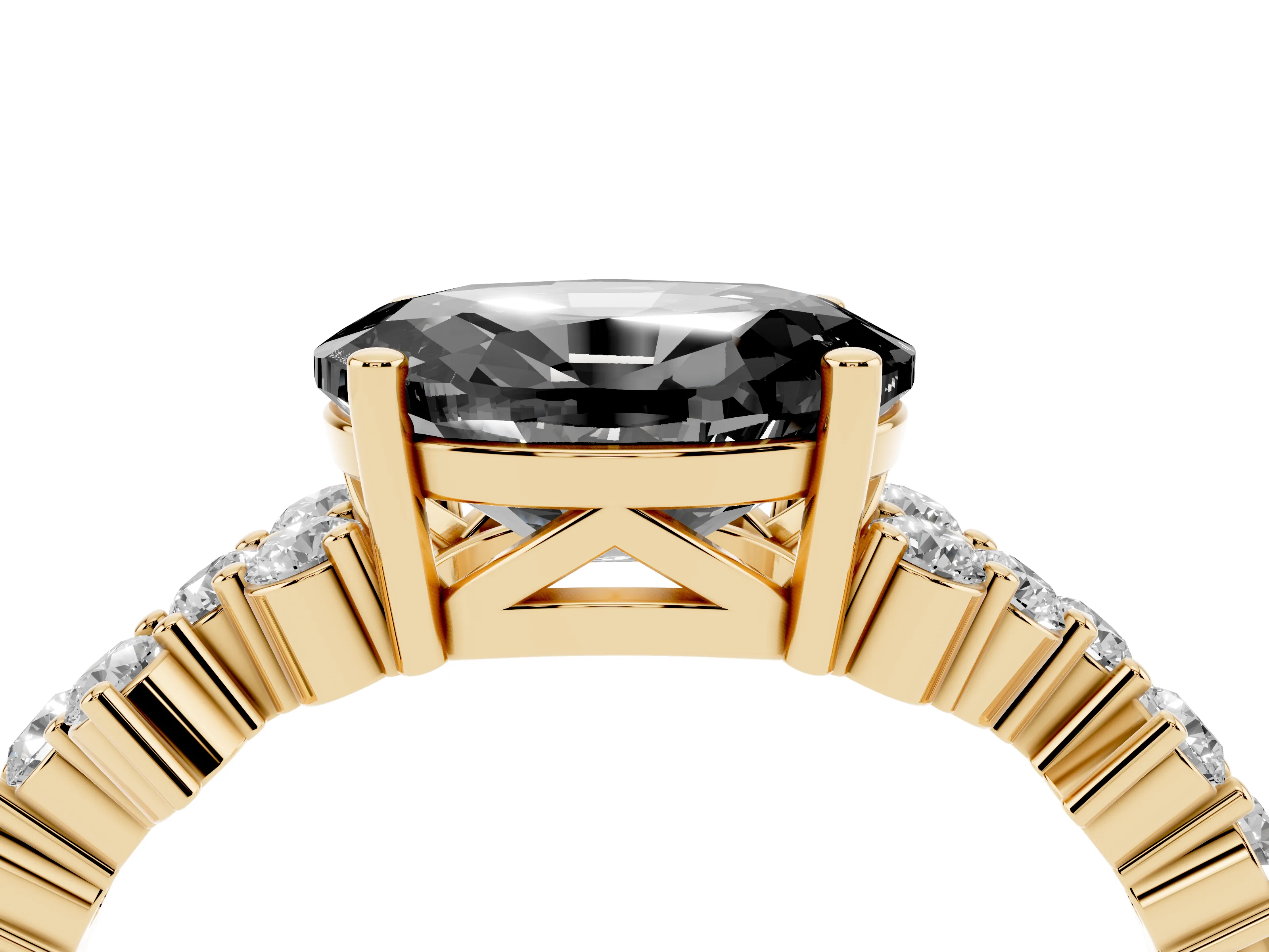 Fancy Black Oval Cut Diamond Ring Set in Yellow gold with Scattered Round Accents