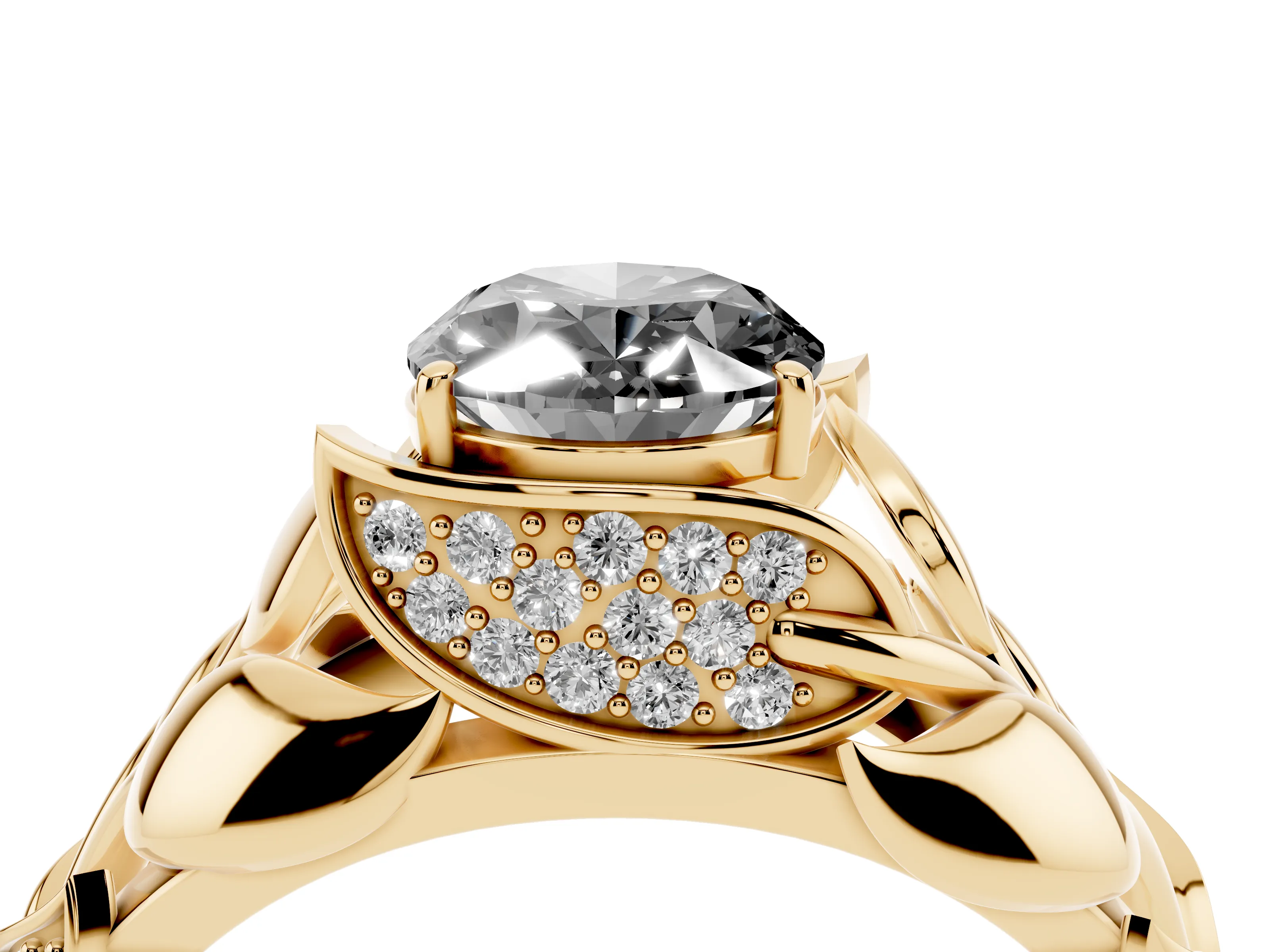 Fancy Black Oval Cut Diamond Leaf-Inspired Engagement Ring Set in Yellow gold with Round Accents