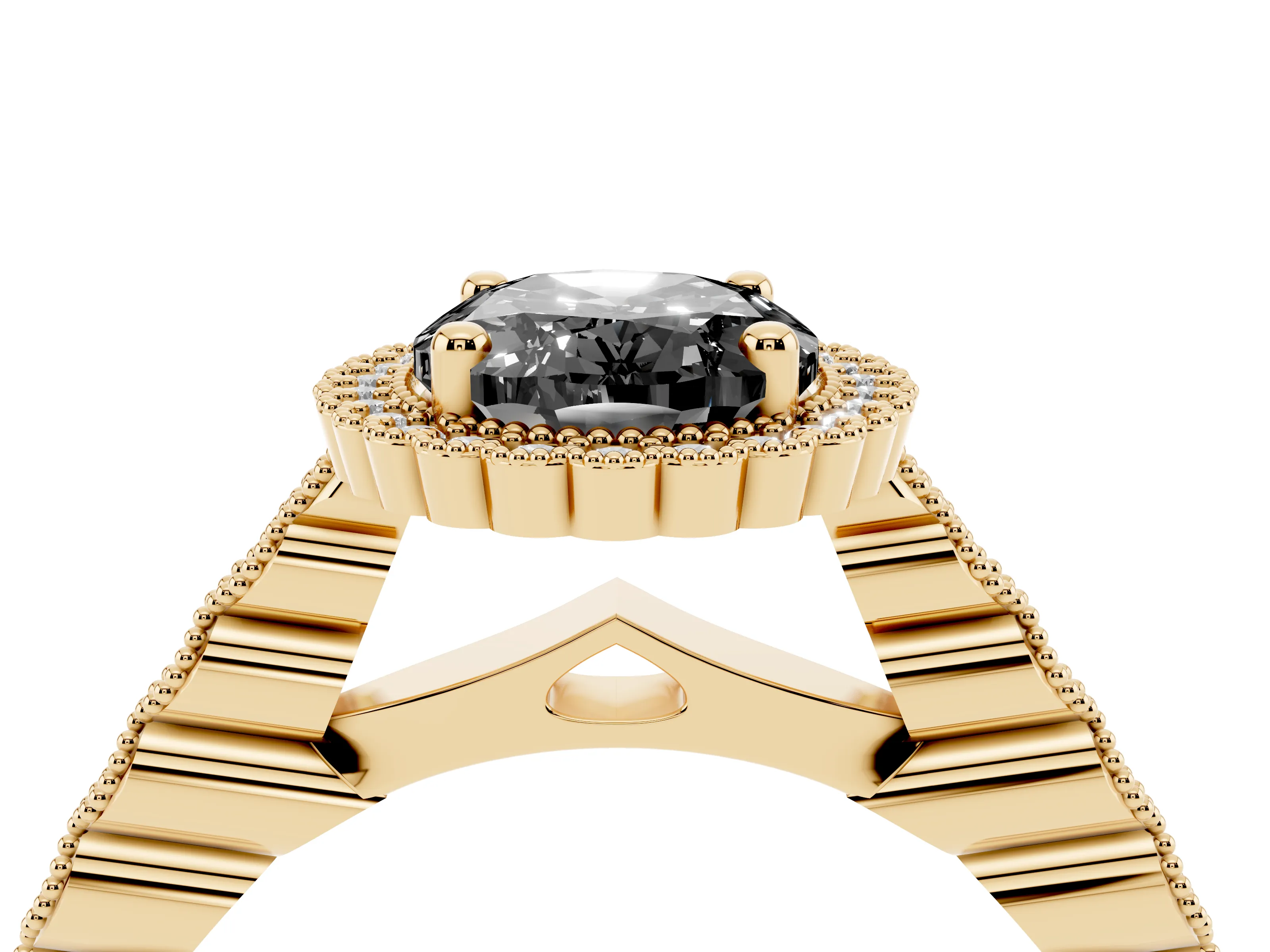 Fancy Black Oval Cut Diamond Halo Ring Set in Yellow gold with Pavé Milgrain Band