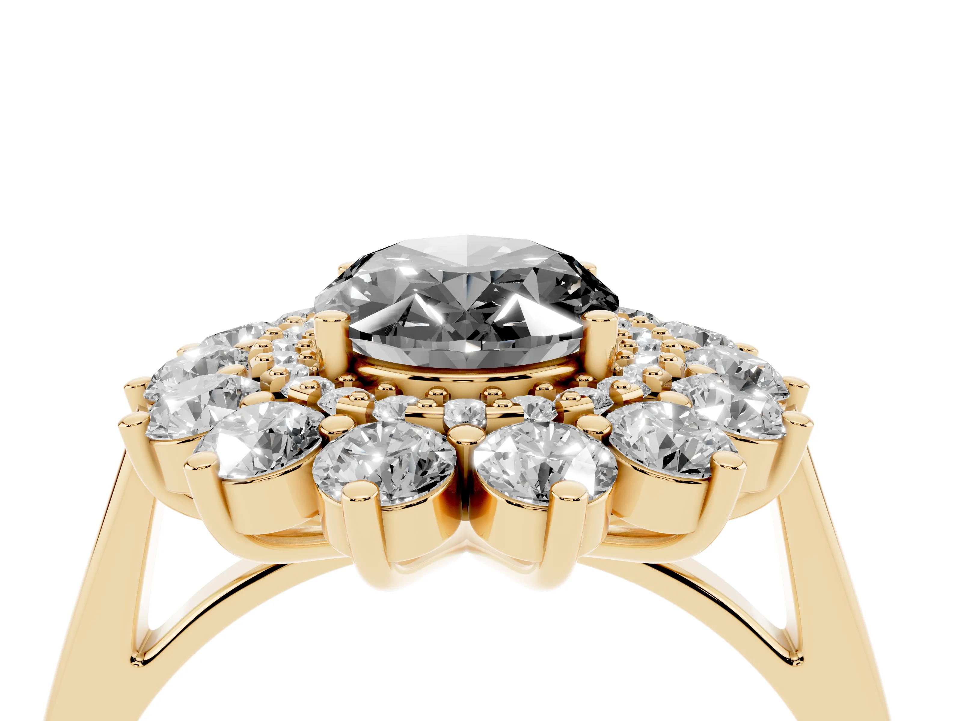 Fancy Black Oval Cut Diamond Floral Double Halo Ring Set in Yellow gold with Round Petals