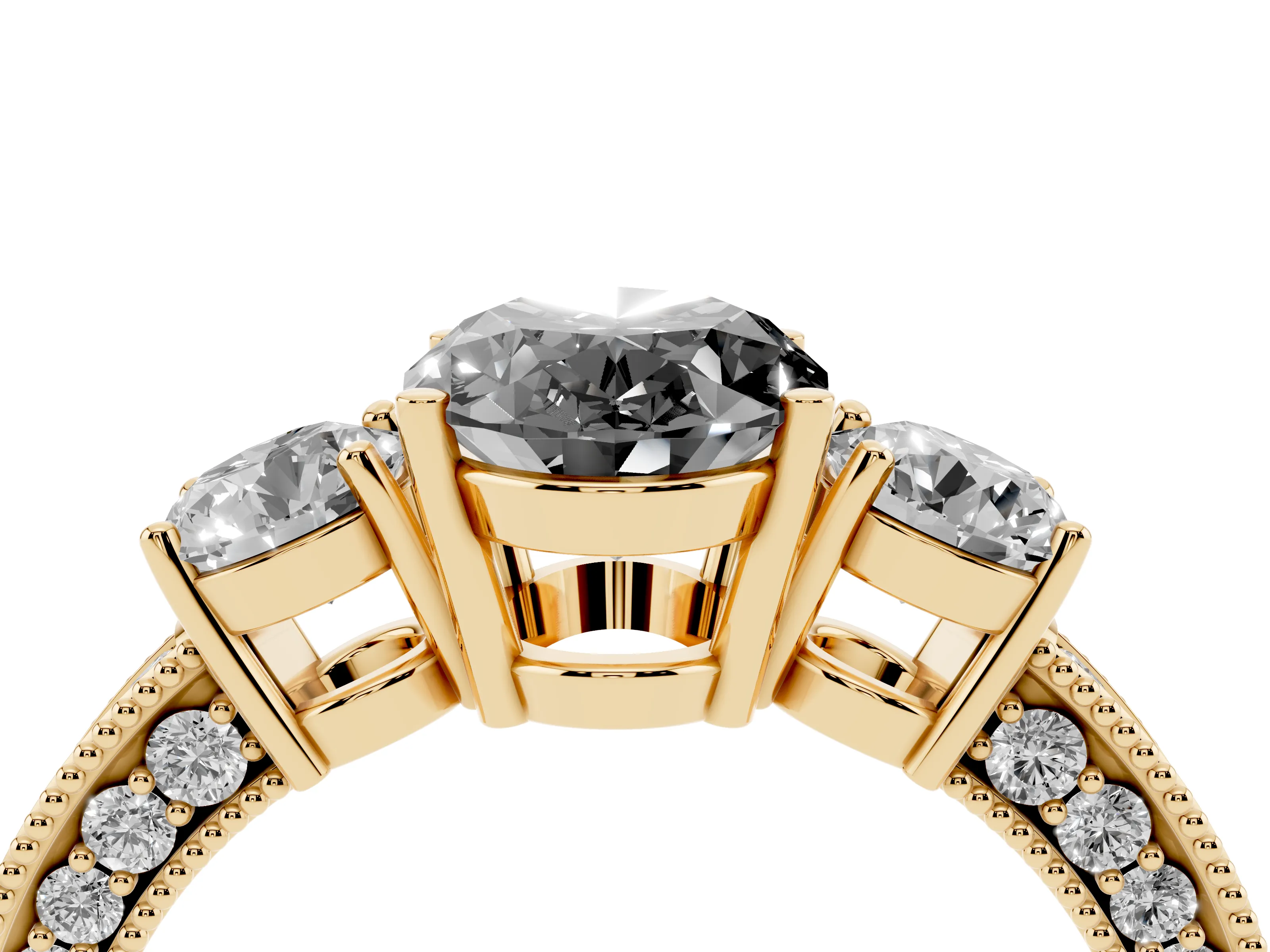 Fancy Black Oval Cut Diamond Three-Stone Ring Set in Yellow gold with Round Side Stones and Pavé Band
