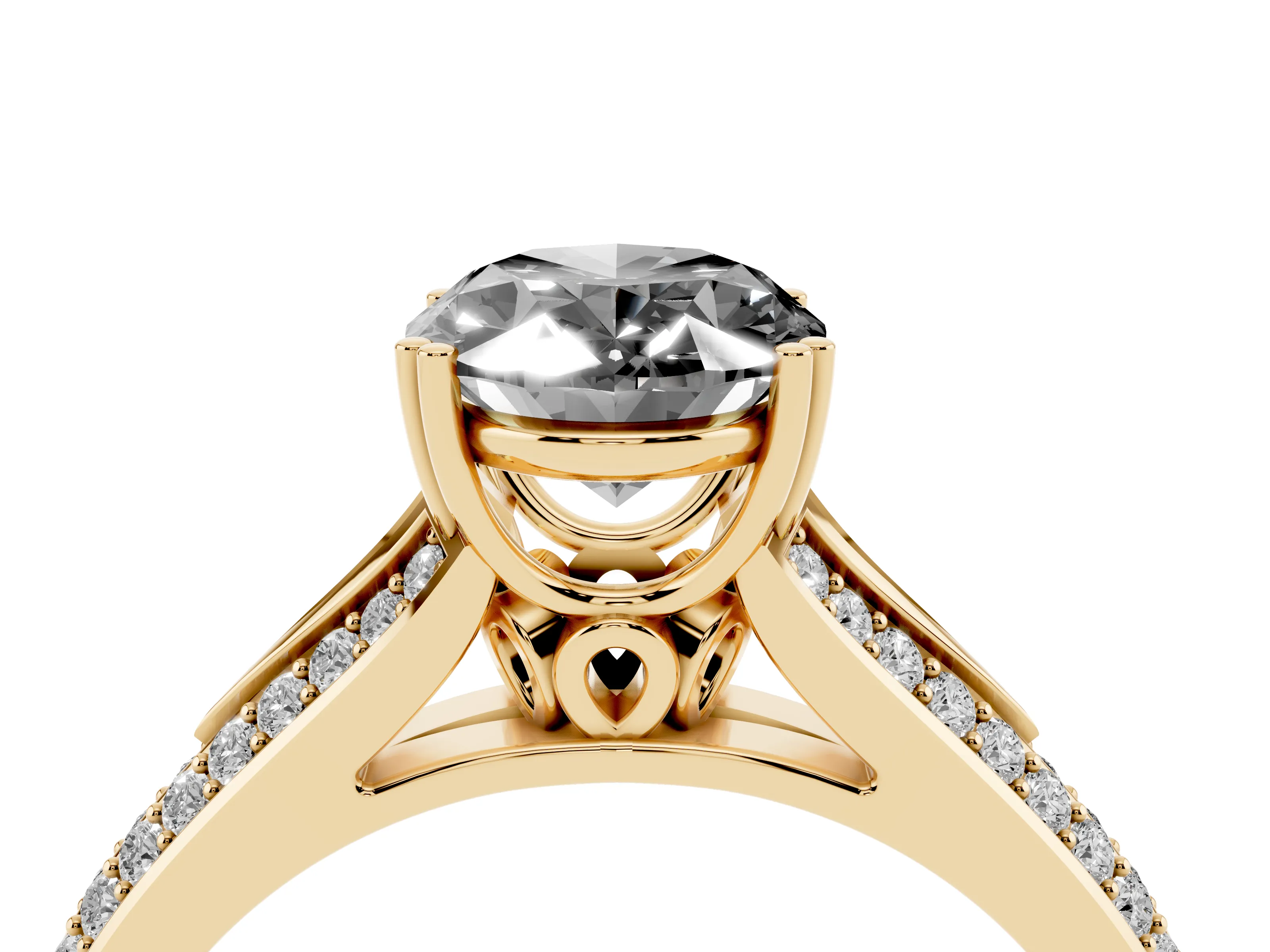 Fancy Black Oval Cut Diamond Split Shank Pavé Engagement Ring Set in Yellow gold with Prong-Set Center Stone
