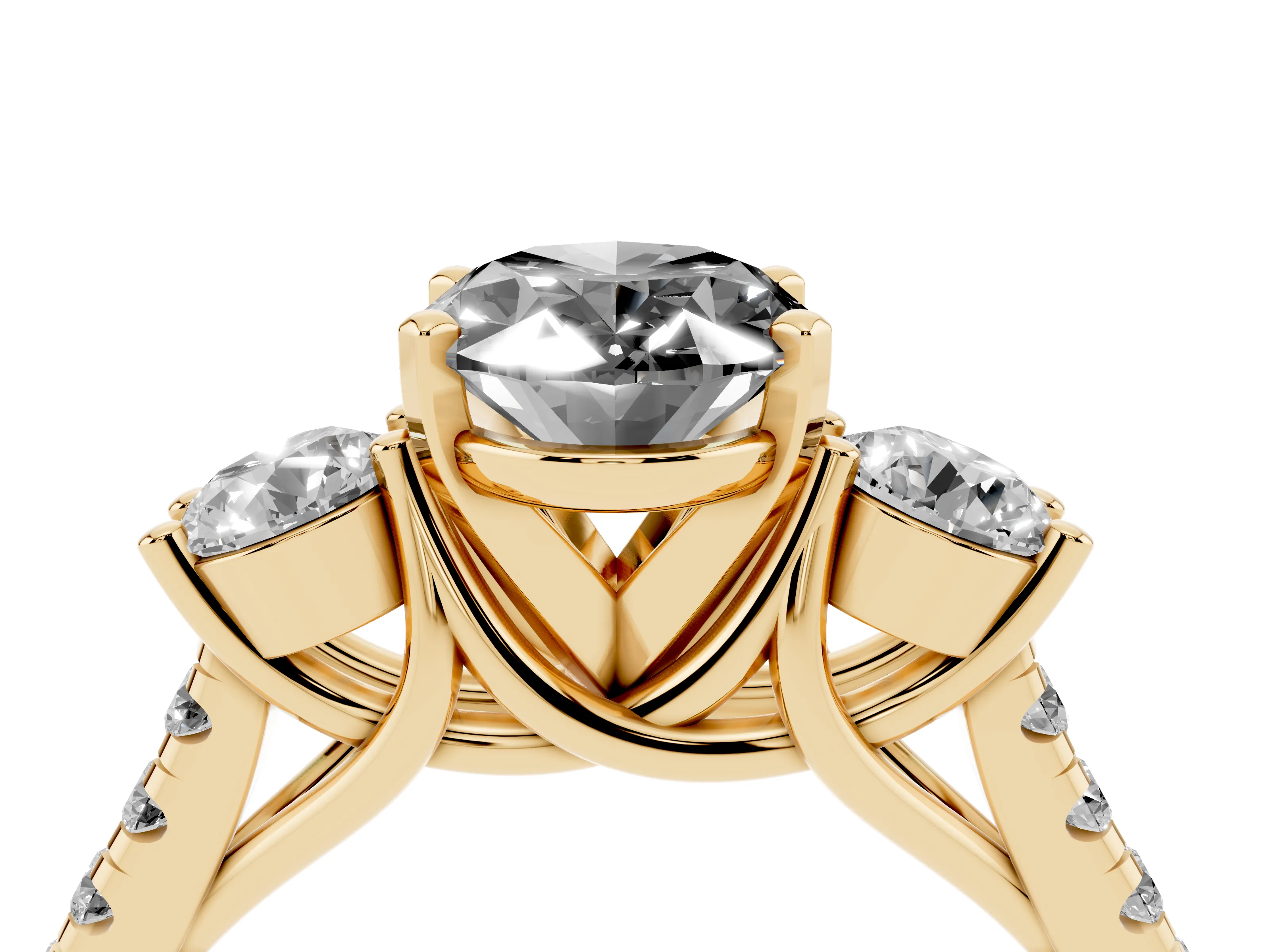 Fancy Black Three-Stone Oval Cut Diamond Pavé Band Ring Set in Yellow gold with Prong-Set Trio