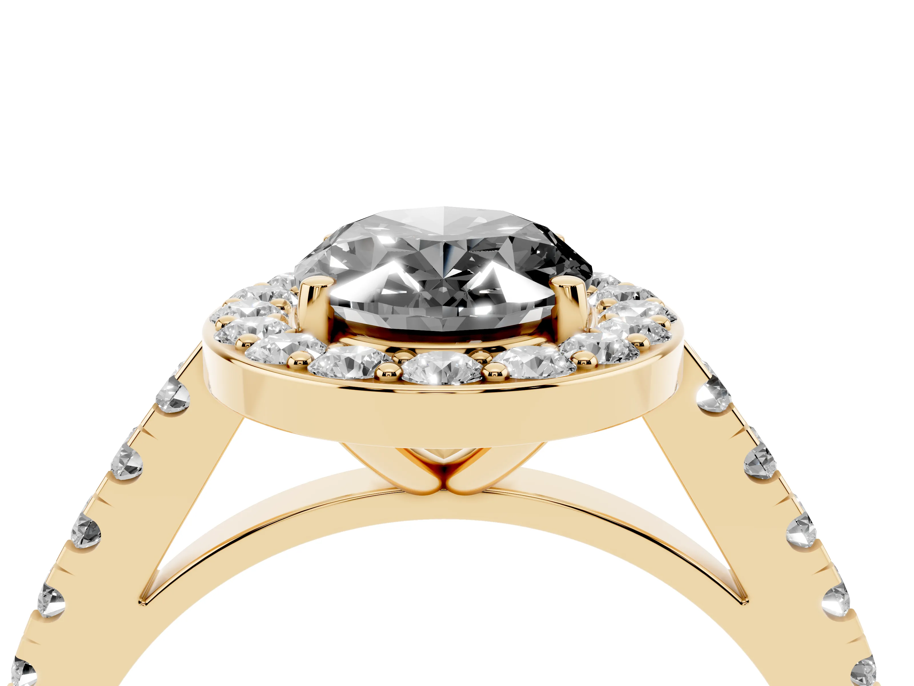 Fancy Black Oval Cut Diamond Halo Ring Set in Yellow gold with Round Pavé Split Shank and Prong Setting