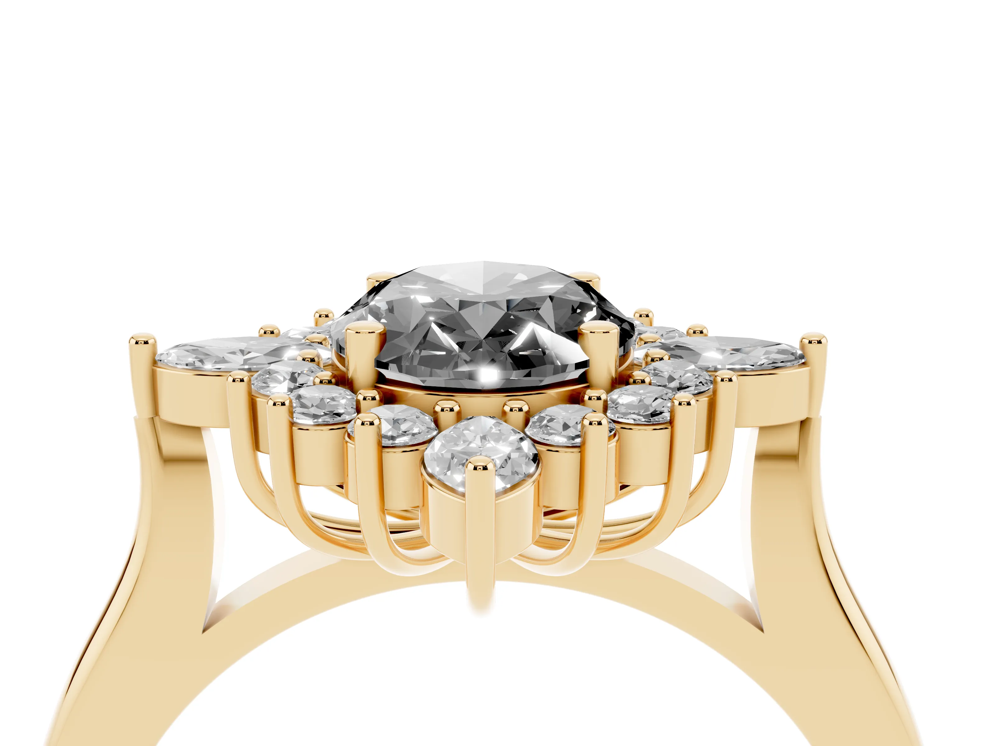 Fancy Black Oval Cut Diamond Cluster Halo Ring Set in Yellow gold with Marquise and Round Accents