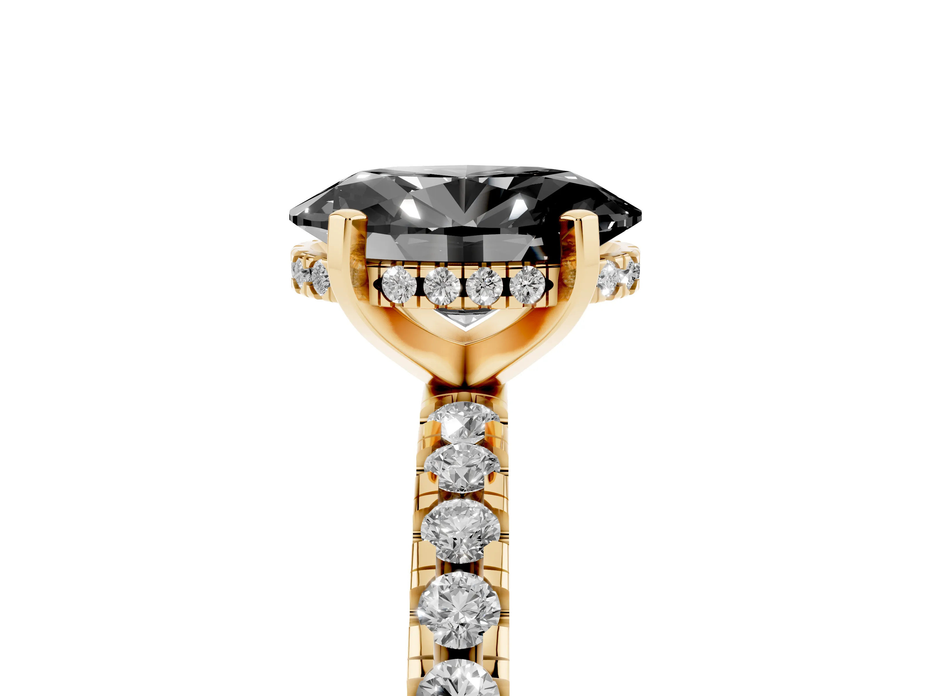 Fancy Black Oval Cut Diamond Pavé Solitaire Ring Set in Yellow gold with Round Band Accents and Prong Setting