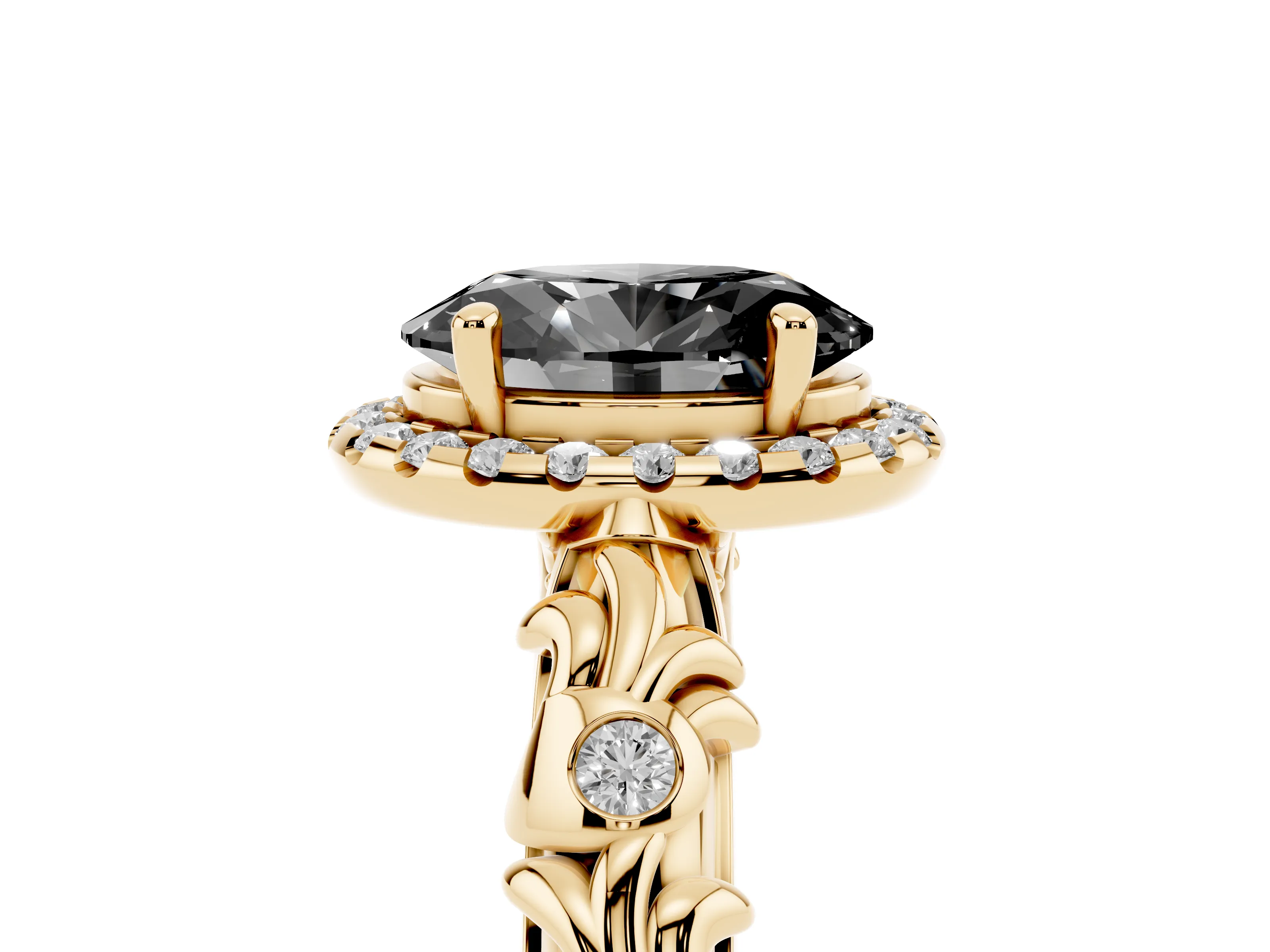 Fancy Black Oval Cut Diamond Halo Ring Set in Yellow gold with Filigree Leaf Band and Prong Setting