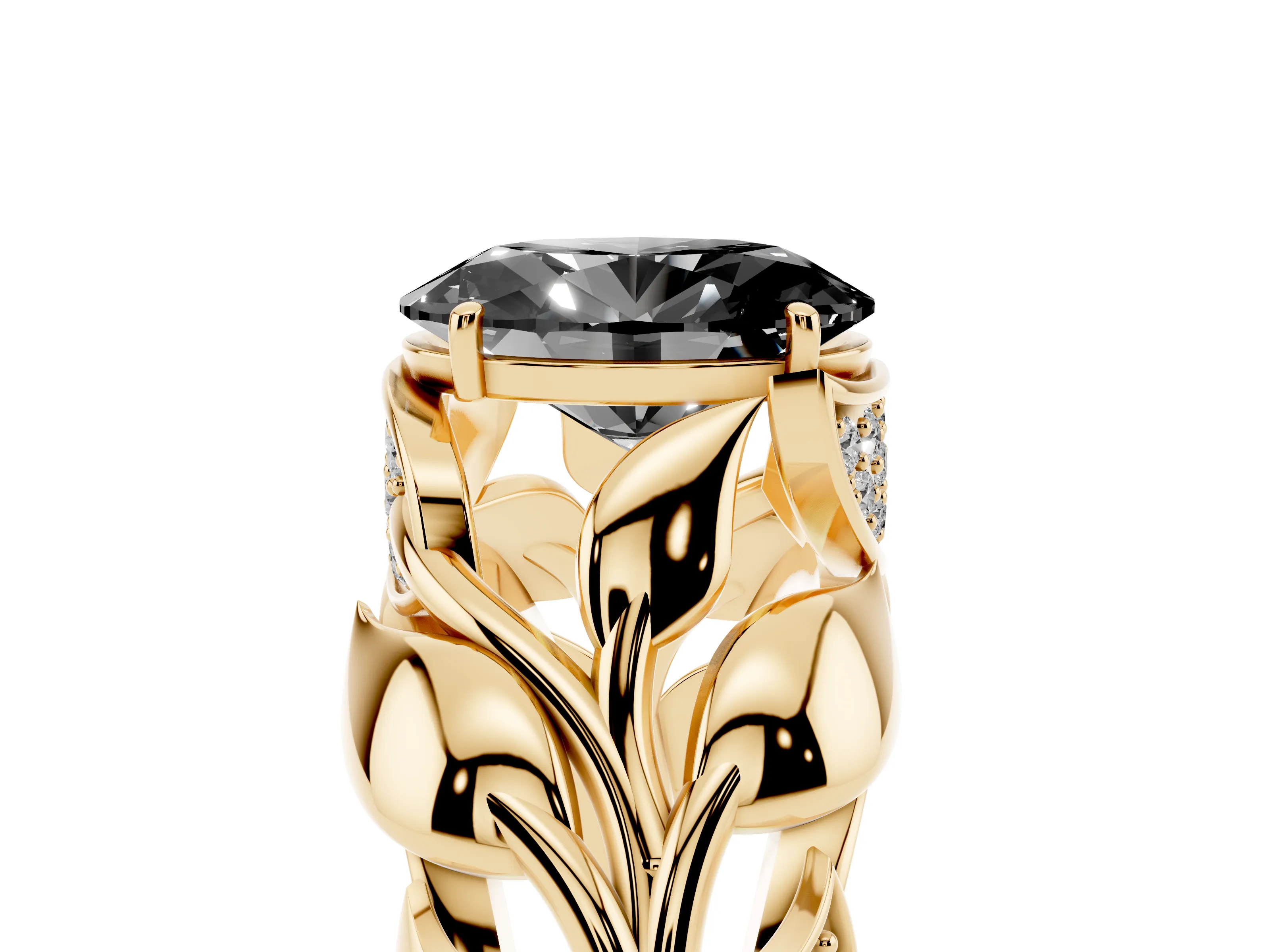 Fancy Black Oval Cut Diamond Leaf-Inspired Engagement Ring Set in Yellow gold with Round Accents
