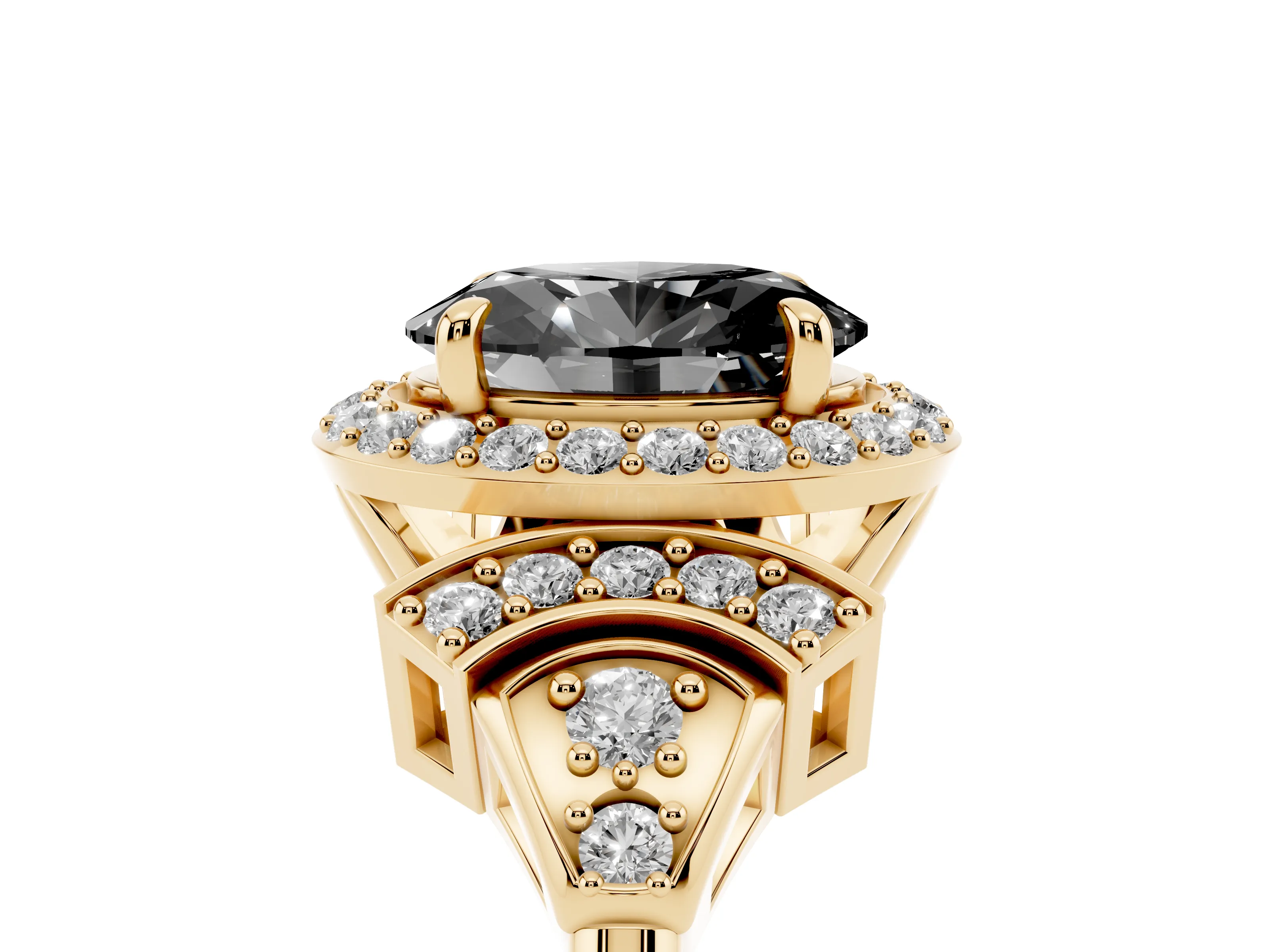 Fancy Black Oval Cut Diamond Halo Engagement Ring Set in Yellow gold with Accent Stone Split Shank