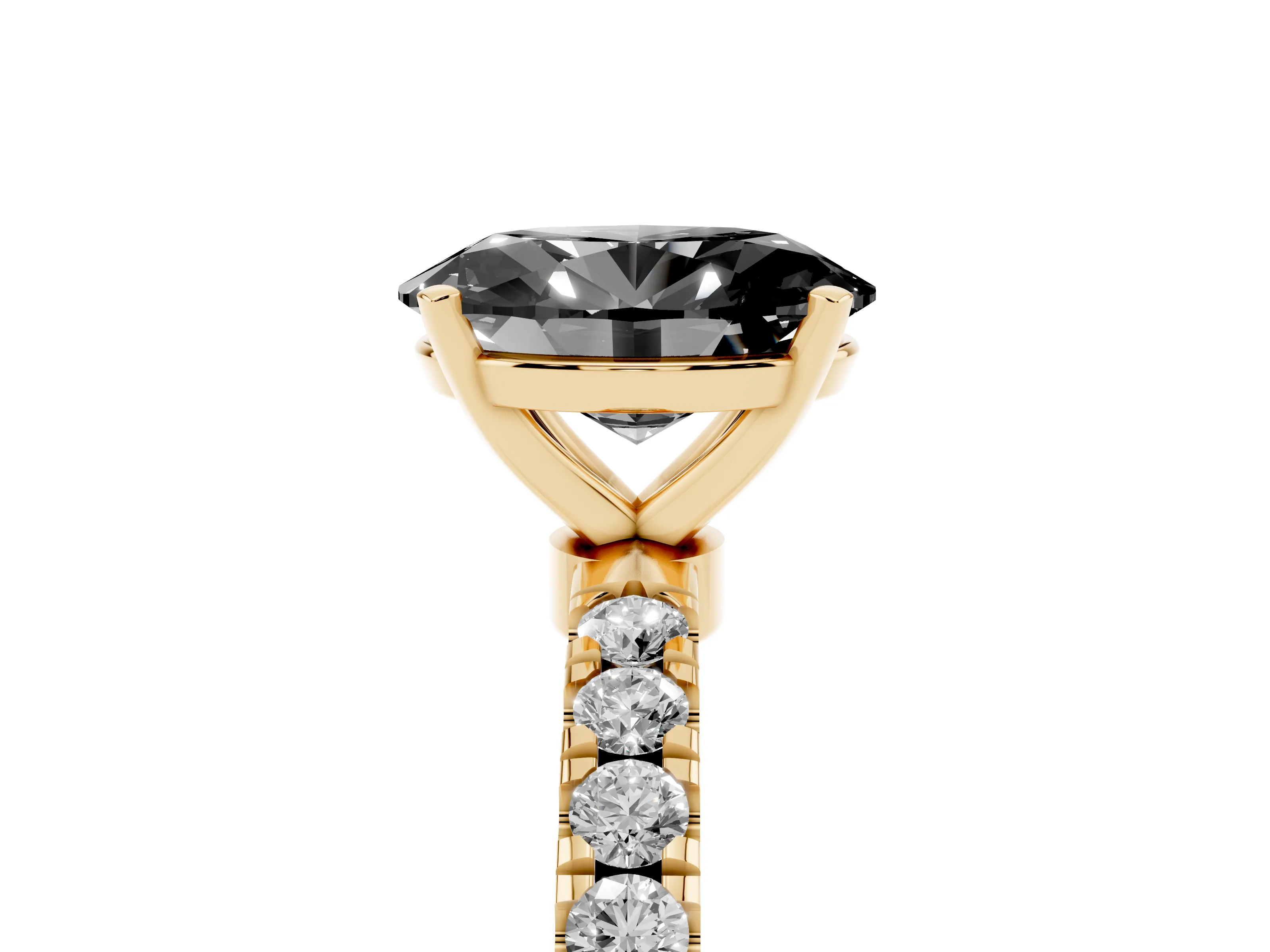 Fancy Black Oval Cut Diamond Solitaire Ring Set in Yellow gold with Pavé Accents and Prong Setting