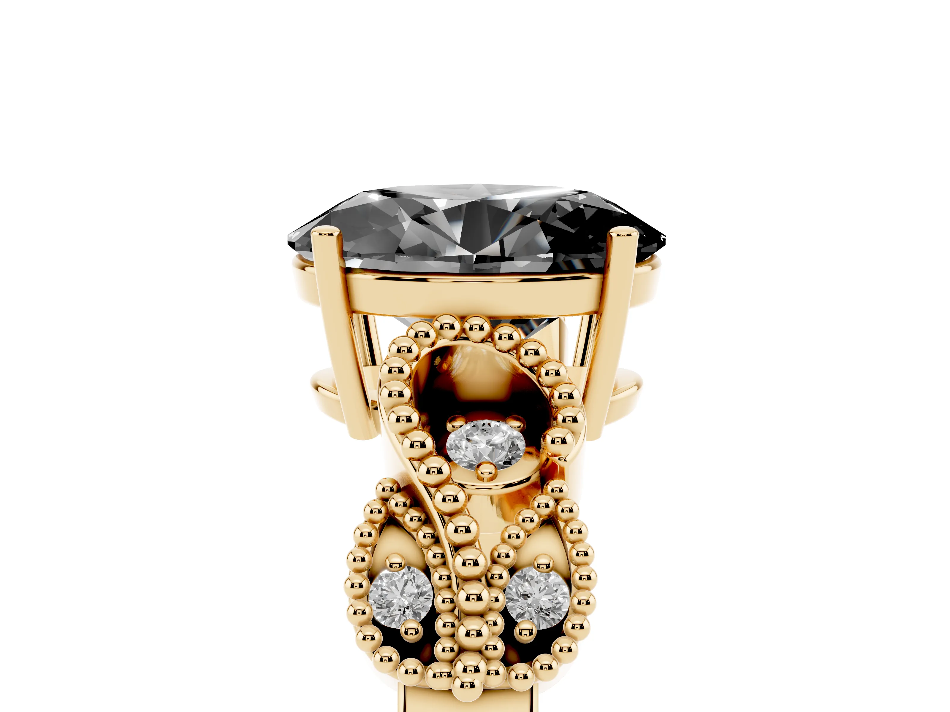 Fancy Black Oval Cut Diamond Milgrain Leaf Band Solitaire Ring Set in Yellow gold with Accent Stones and Prong Setting