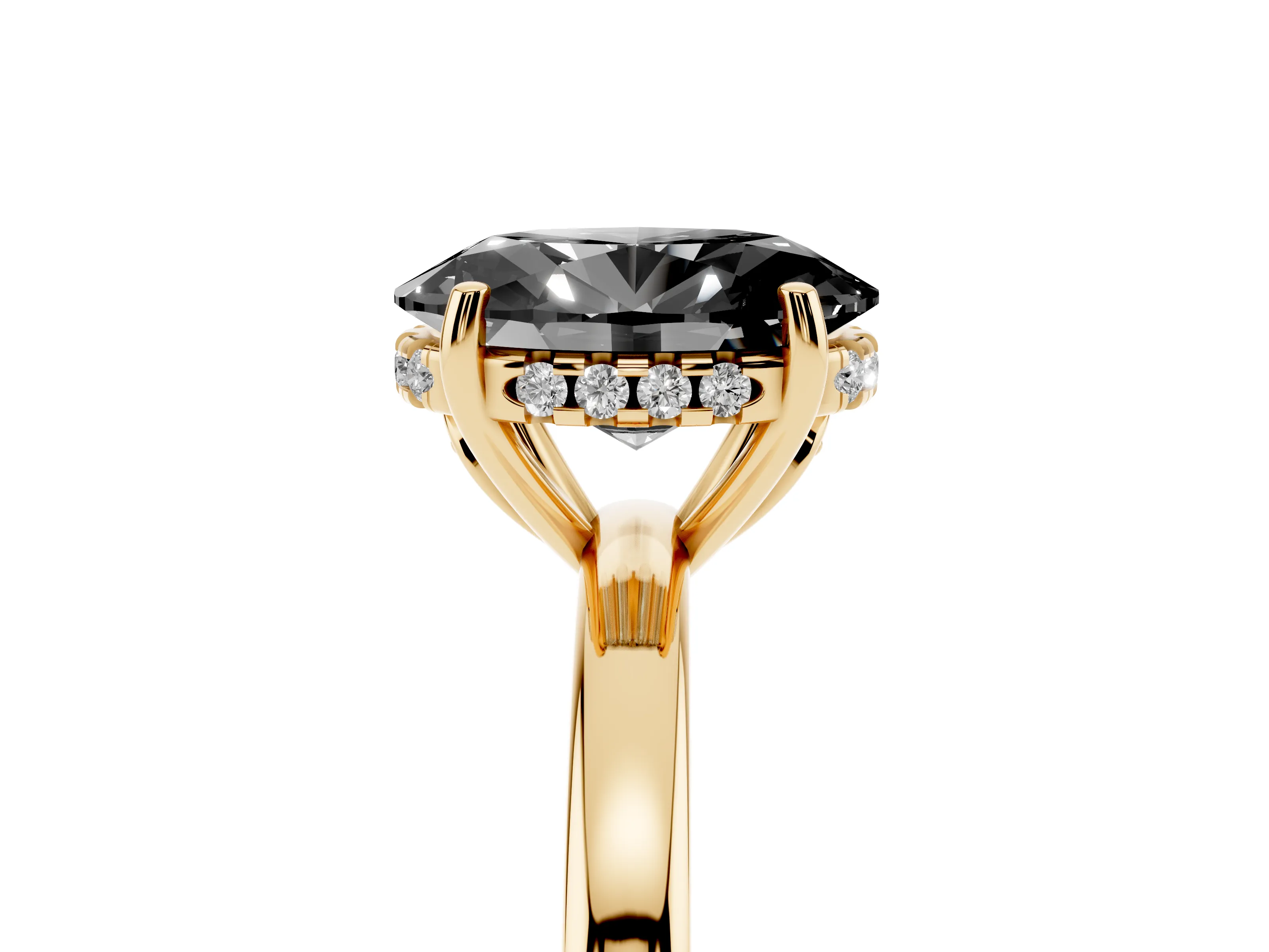 Fancy Black Oval Cut Diamond Solitaire Ring Set in Yellow gold with Plain Band and Prong Setting