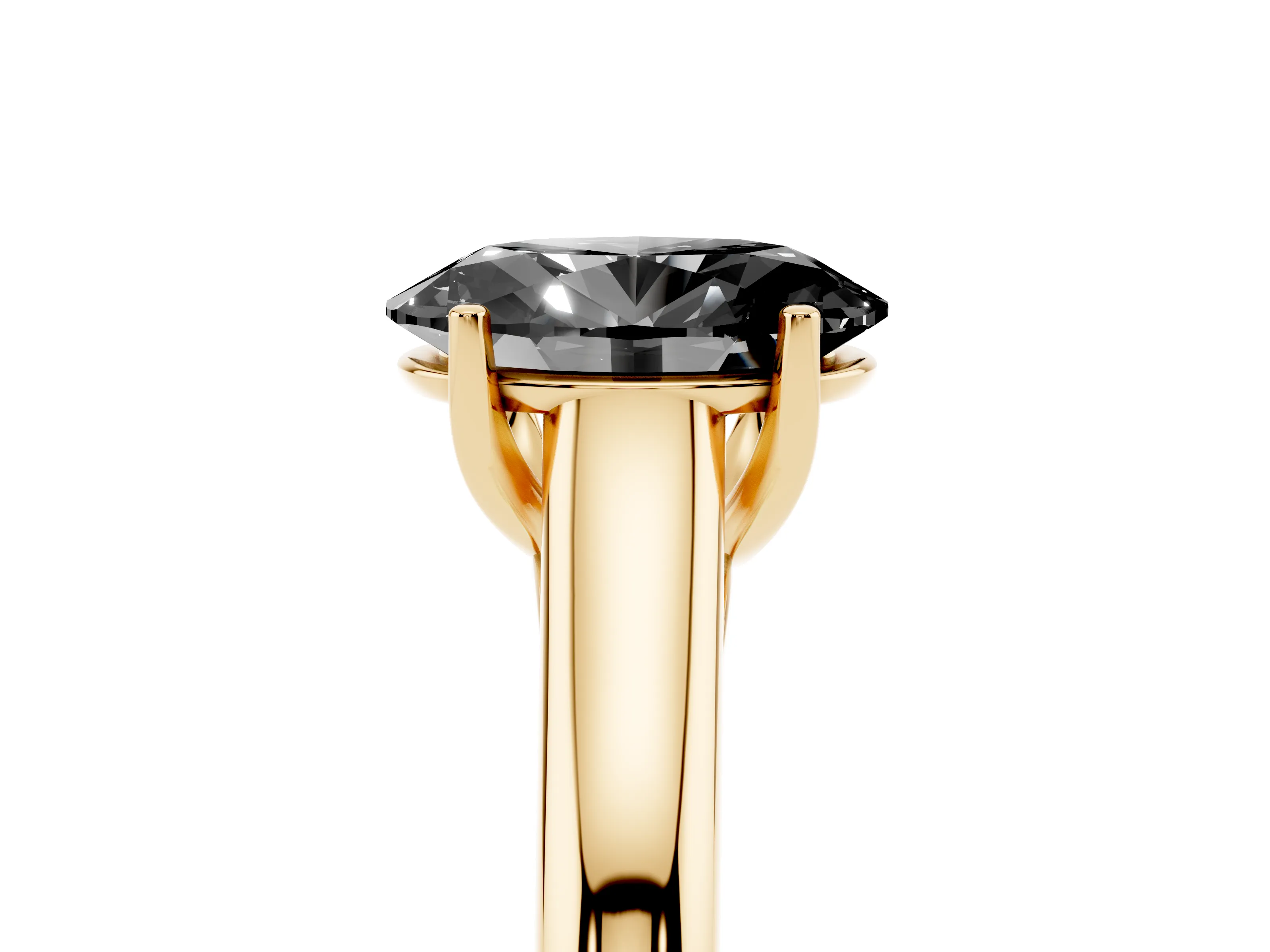 Fancy Black Oval Cut Diamond Solitaire Engagement Ring Set in Yellow gold with Subtly Tapered Band and Prong Setting