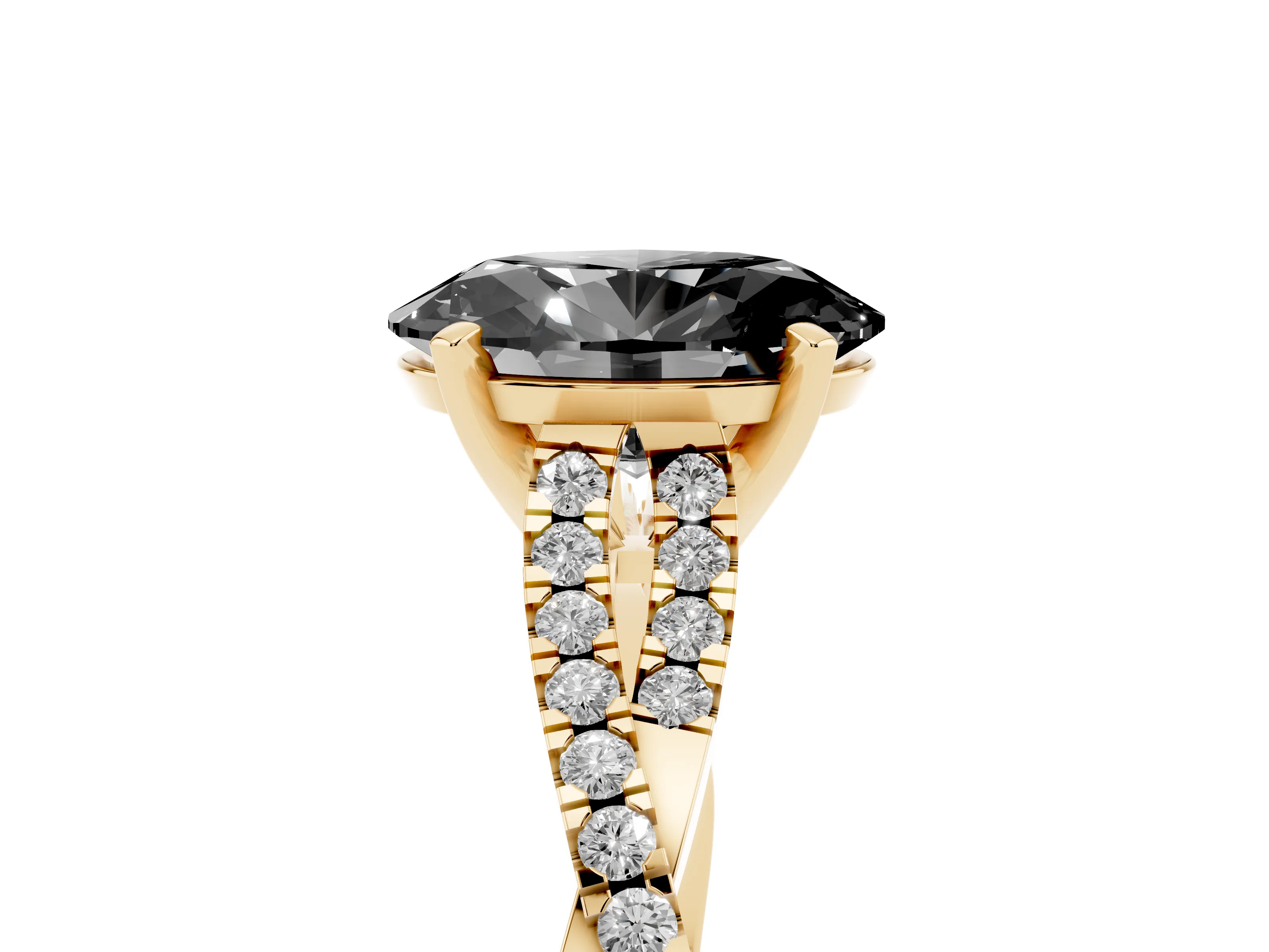 Fancy Black Oval Cut Diamond Solitaire Engagement Ring Set in Yellow gold with Twisted Pavé Band and Prong Setting